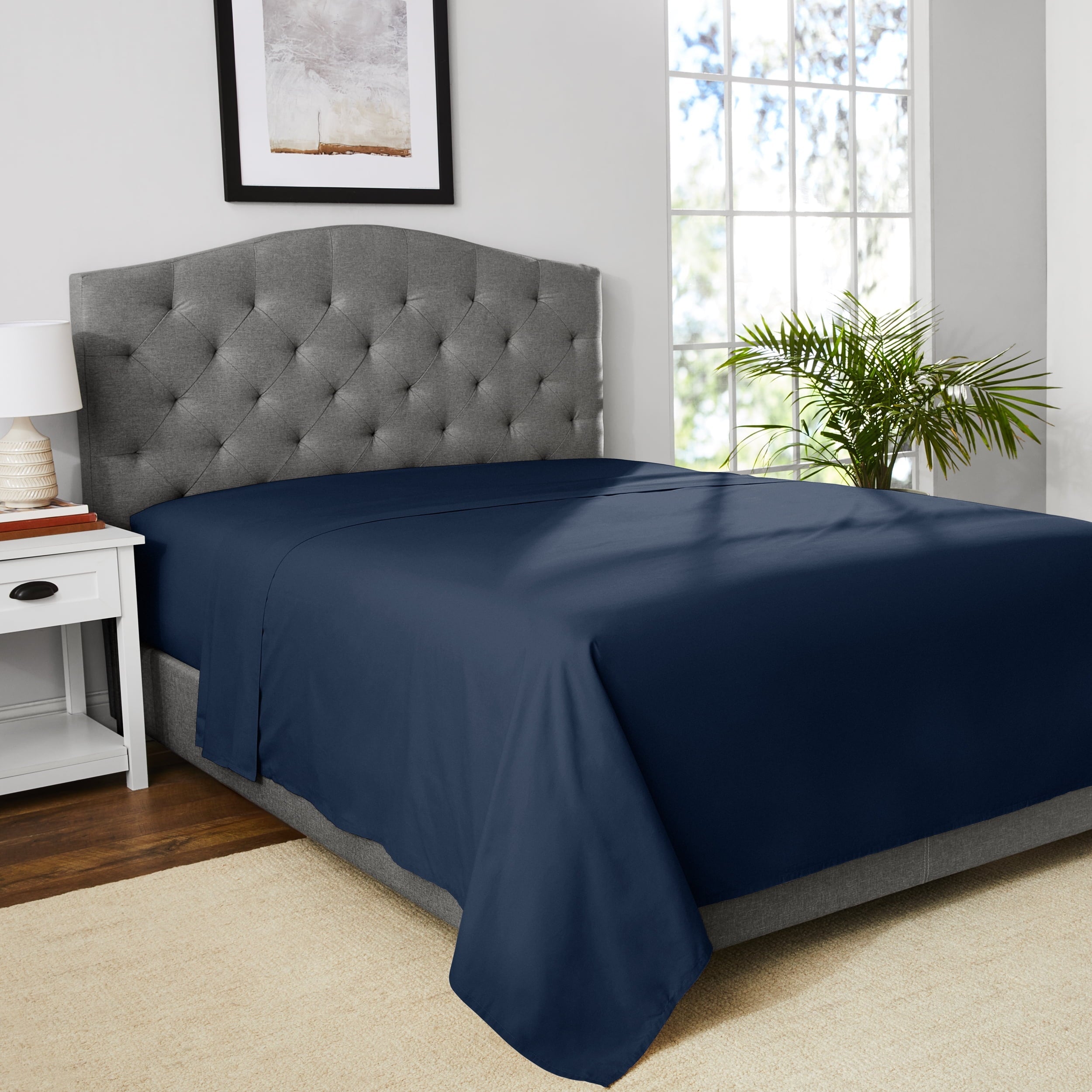 Breathable Luxury 300 Thread Count Easy Care Blue Cove Cotton Blend Percale Flat Bed Sheet, King - Cooling Hotel Quality Bedding Sheets and Pillowcases Detail