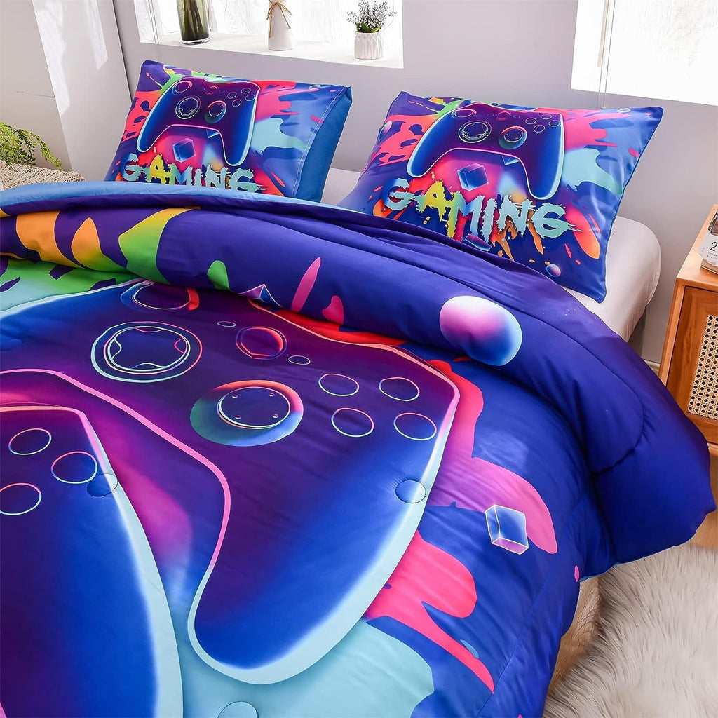 All-Season Purple Queen Gaming Comforter Sets for Boys Kids Bedding Sets Colorful Games Console Gamer Quilt Set - Cloud-Like Soft Lightweight Bed Comforter Detail