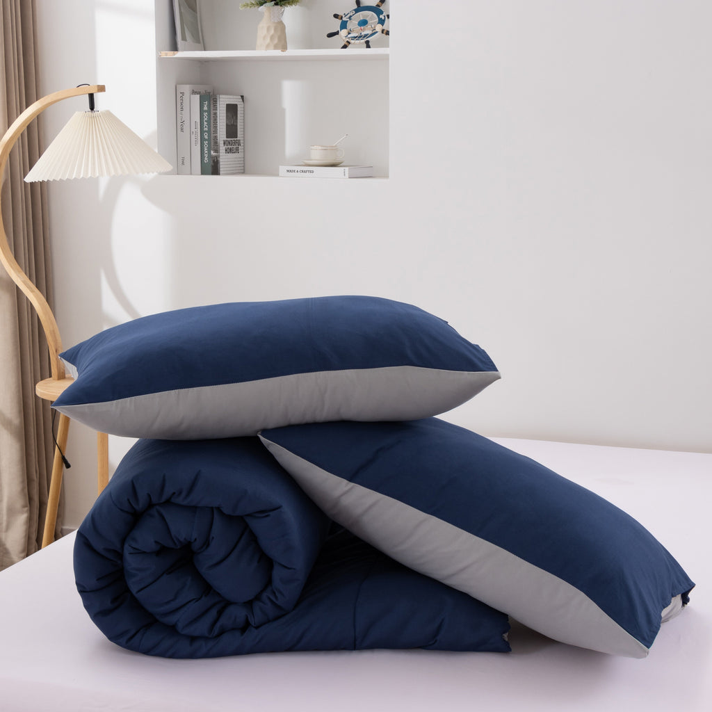Luxurious Quilted Queen Comforter Set All Season Reversible Bed Set with 2 Pillow Cases 3 Pieces Bedding Sets Down Alternative Blue/Gra... - All-Season Down Alternative Comforter Insert Detail