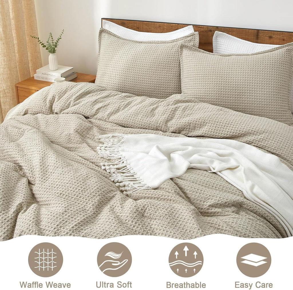 Heavyweight Warmth 3-Piece Waffle Weave Comforter Set Queen Size, Lightweight Comfy Bedding Set for All Season, Ultra Soft Textured 1 Co... - All-Season Down Alternative Comforter Insert Detail