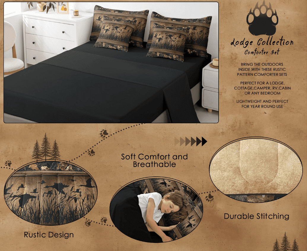 Hypoallergenic Cloud 7 Piece Camo Mallard Duck Comforter Set With Sheets Men Rustic Farmhouse Cabin Bed In A Bag Full,Hunting Woodland Duc... - Luxurious Quilted Duvet Cover Set Detail