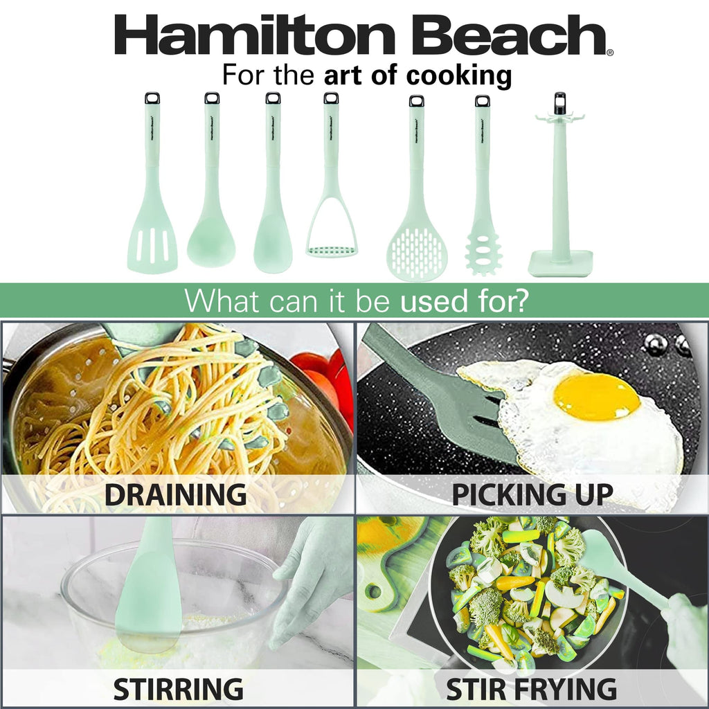 Premium Silicone Kitchen Utensil Set 7 Piece | Cooking Utensil set Slotted turner, Ladle Skimmer, Pasta Server, Potato Masher, S... - Ergonomic Kitchen Tongs and Cooking Spoon Utensil Detail