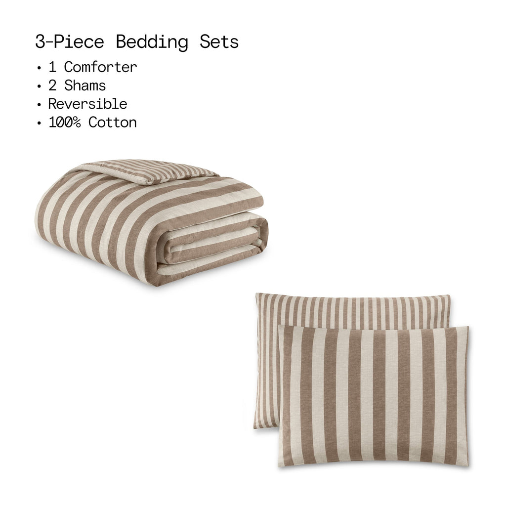 Luxurious Quilted 100% Cotton Striped 3-Piece Natural Comforter Set, Full/Queen - Hypoallergenic Ultra-Fluffy Quilt for Winter Detail