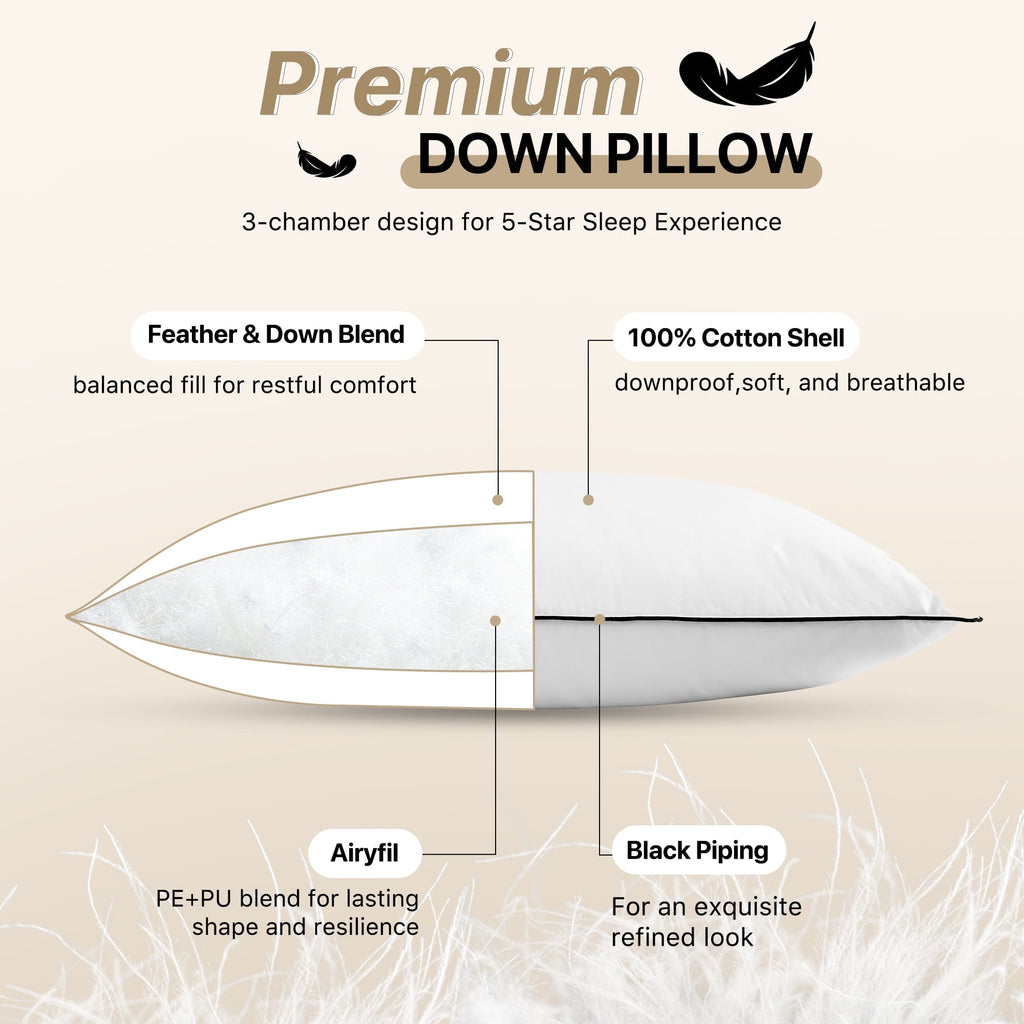 Orthopedic Support Feather Down Pillows Set of 2, Medium Firm Hotel Bed Pillow 2 Pack, Queen Size, 20 x 30 in. - Ergonomic Memory Foam Pillow for Neck Pain Support Detail