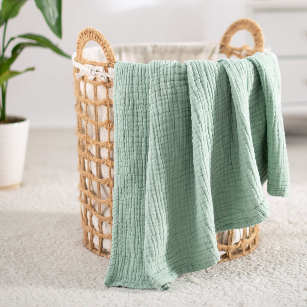 Decorative Knitted 100% Cotton Muslin Throw Blanket Gauze Blankets for Adults Soft Throws for Bed and Couch, 50" x 70" Sage Green - Luxury Knitted Decorative Throw Blanket with Fringes Detail