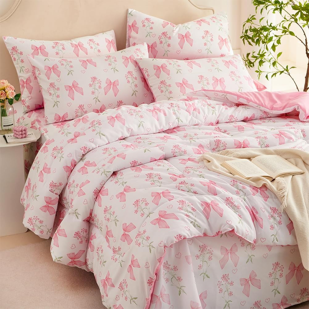 Hypoallergenic Cloud Pink Bowknot Girls Comforter Set Twin Size, 3 Pieces Bows Princess Style Bedding Set for Girls for All Season - Hypoallergenic Ultra-Fluffy Quilt for Winter Detail