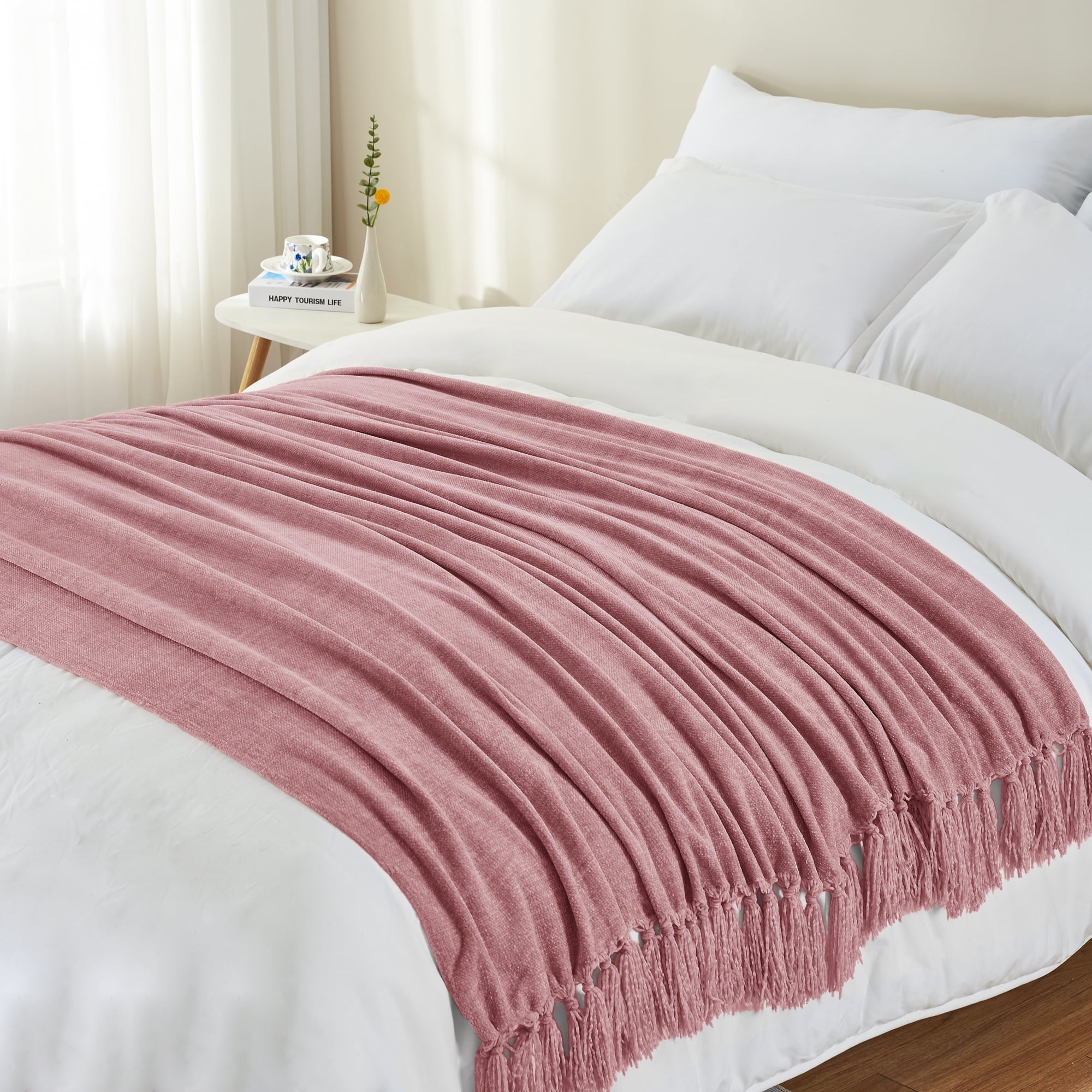 Super Soft Flannel Chenille Throw Blanket with Fringe Tassel for Couch Sofa Chair Bed, Mauve 50" X 70" - Luxury Knitted Decorative Throw Blanket with Fringes Detail