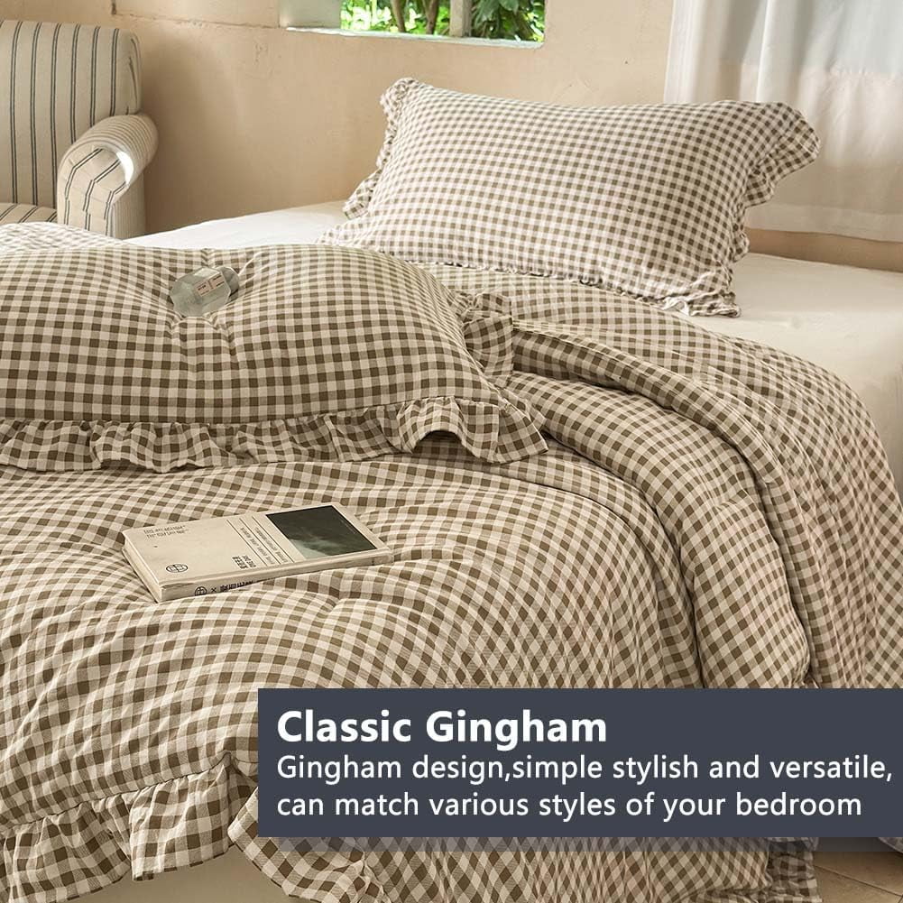 All-Season Tan Gingham Ruffle Queen Comforter Set, Taupe Ruffled Plaid Bedding Set, Ruffled Checked Bed Comforter 3 Pieces(Tan G... - All-Season Down Alternative Comforter Insert Detail