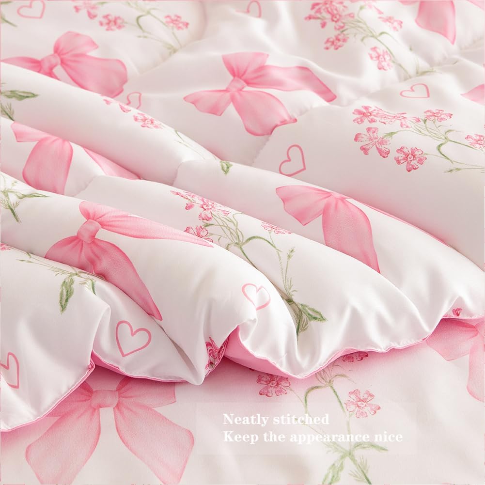 Hypoallergenic Cloud Pink Bowknot Girls Comforter Set Twin Size, 3 Pieces Bows Princess Style Bedding Set for Girls for All Season - Hypoallergenic Ultra-Fluffy Quilt for Winter Detail