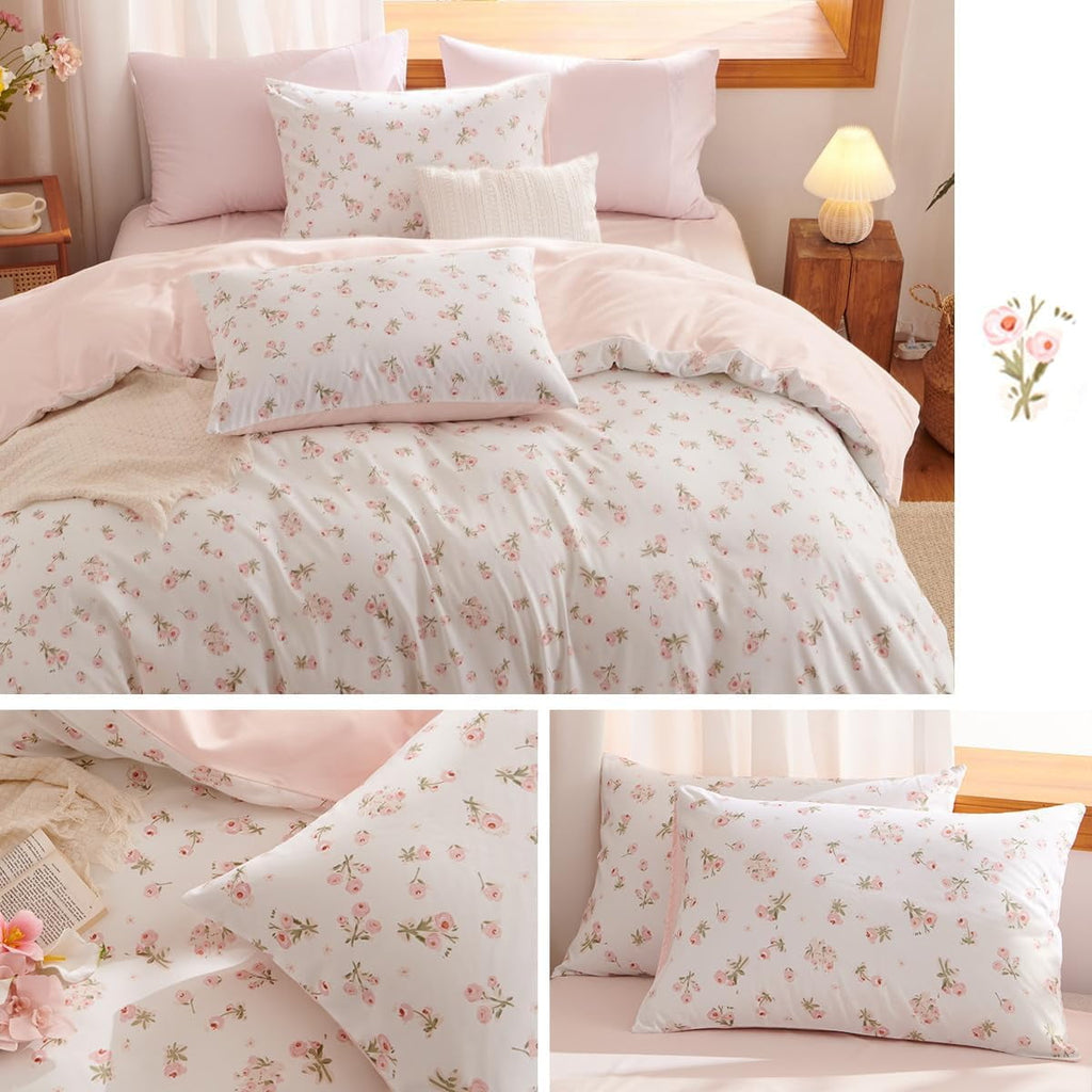 Fluffy Down Alternative Pink loyalty Floral Comforter Queen Sets, 3 Pieces Chic Botanical Pink White Floral Reversible Comforter for All Season - All-Season Down Alternative Comforter Insert Detail