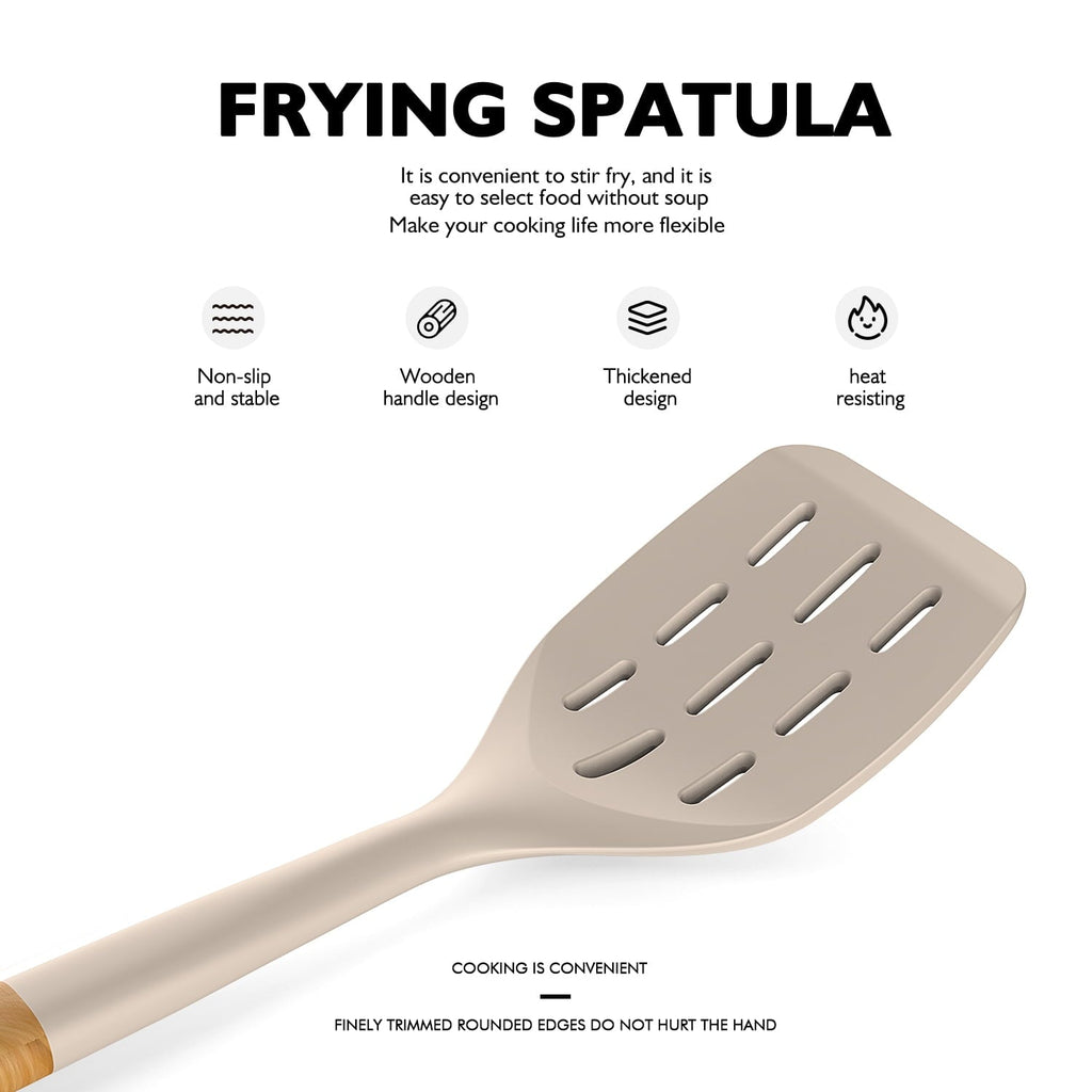 Durable Steel Large Silicone Cooking Utensils - Heat Resistant Kitchen Utensil Set with Wooden Handles, Spatula,Turner, Slotted Spo... - Professional Kitchen Tool for Culinary Enthusiasts Detail