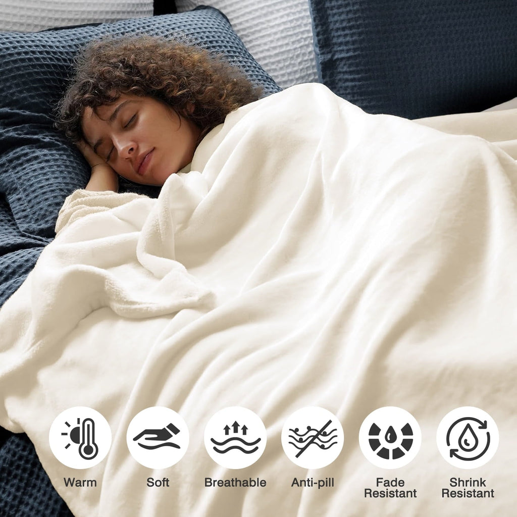 Cozy Fleece Throw Blanket for Couch, Ultra Soft Cream White Throws for Travel Camping Sofa Bed, Lightweight Cozy Bed Blanket for ... - Cozy Fleece Throw Blanket for Couch & Bed Detail