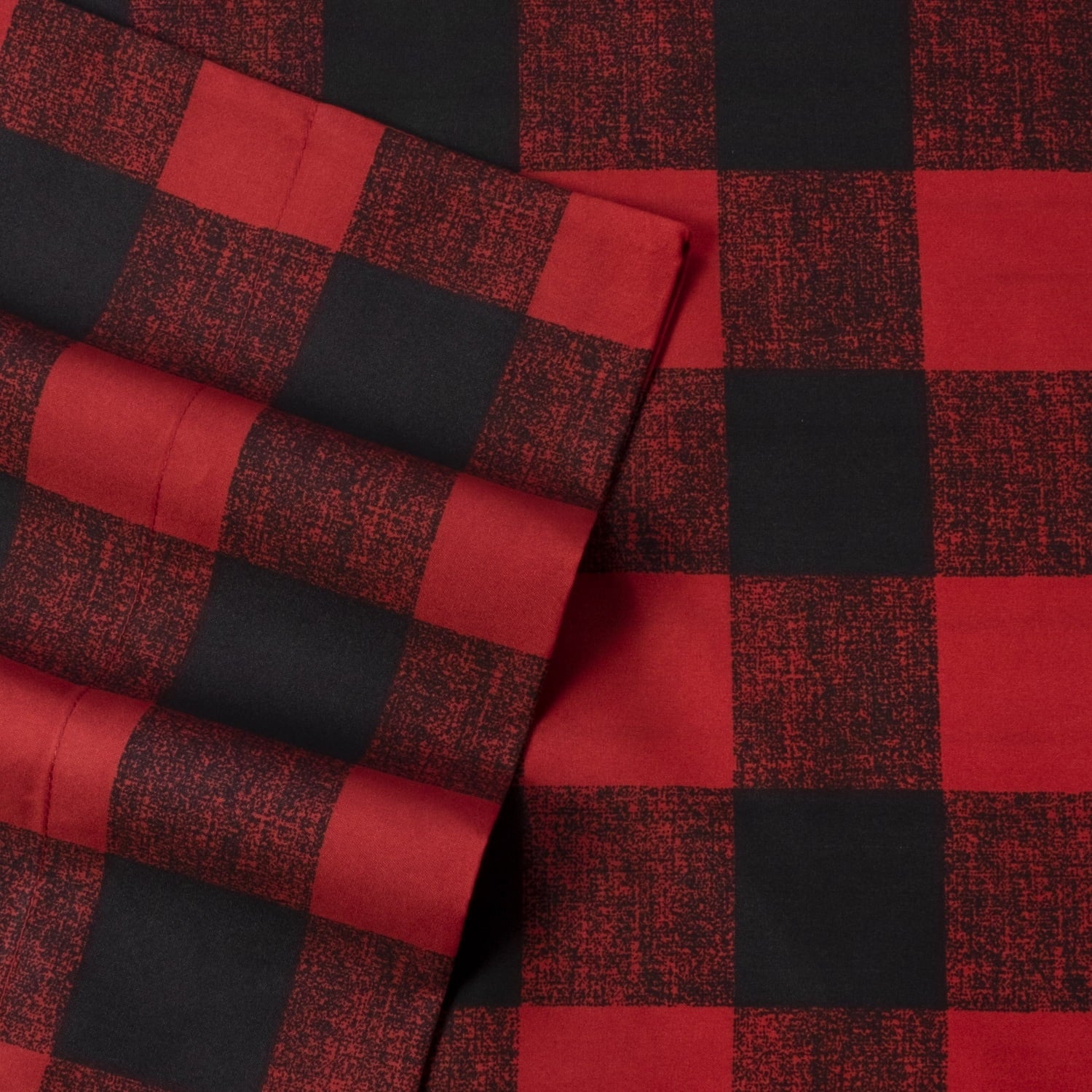 Premium Egyptian Cotton Buffalo Plaid Black and Red 4 Piece Bed Sheet Set - Twin - Premium Ultra-Soft Pillowcase Pair for Sleeping Detail