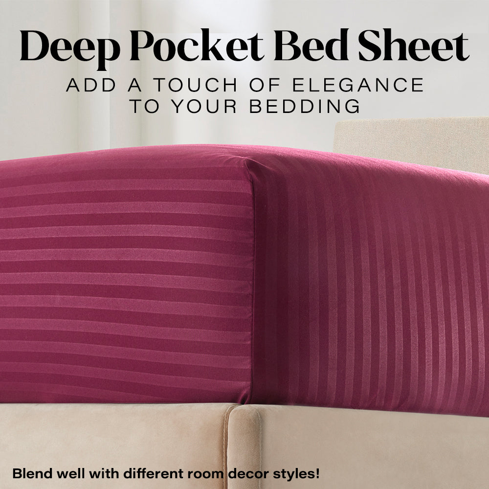 Cooling Sateen Bedding Set with Flat Sheet, Fitted Bed Sheet & Pillowcases, Full Burgundy - Breathable Egyptian Cotton Flat & Fitted Sheets Detail