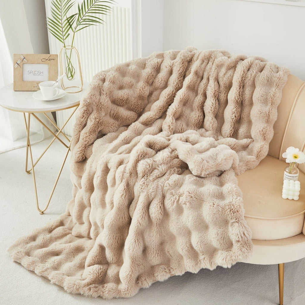 Cozy Fleece Taupe Faux Fur Bubble Blankets for Couch Chair Sofa Luxury Fluffy Thick Bubble Throw Blanket Furry Blanket Fuzzy Soft... - Luxury Knitted Decorative Throw Blanket with Fringes Detail