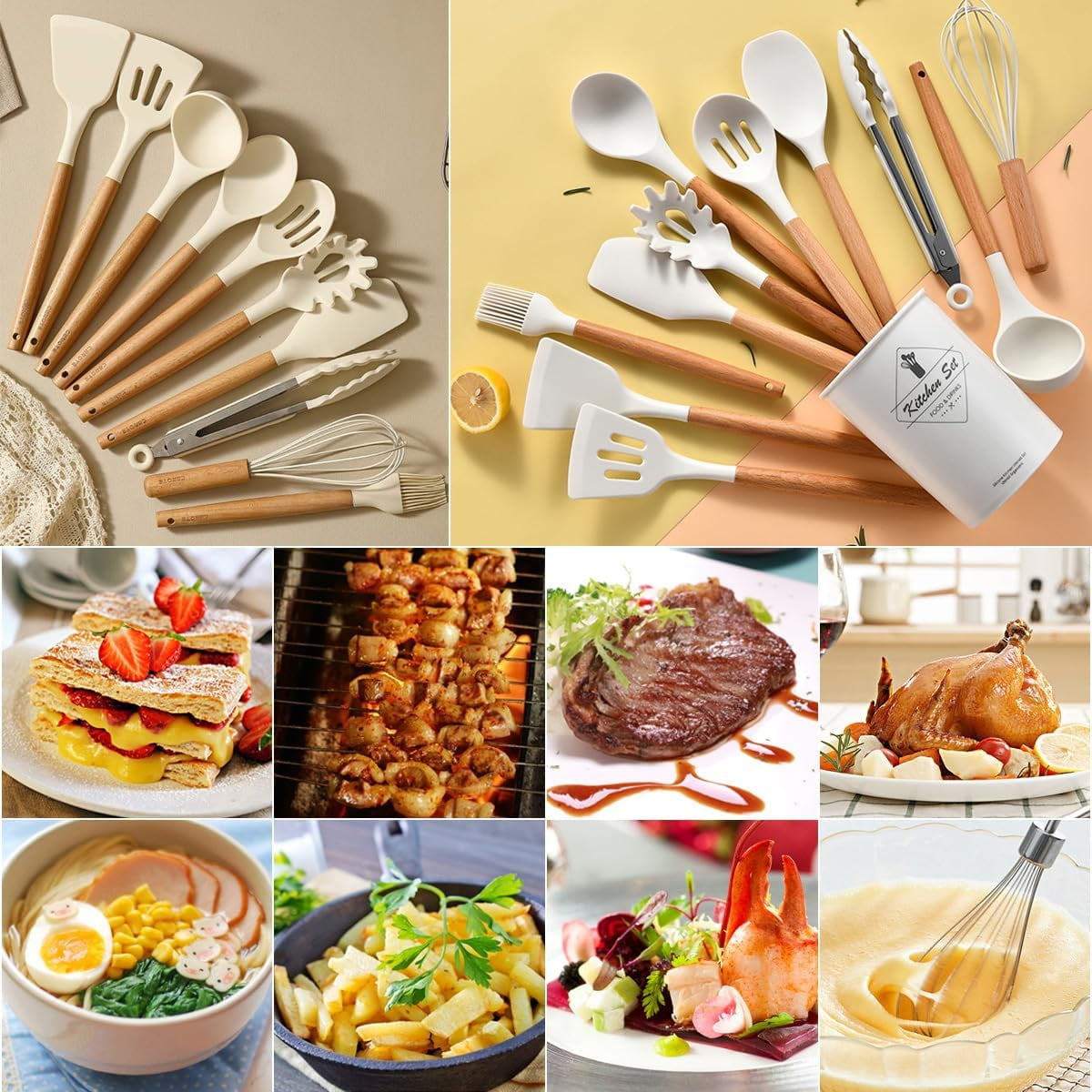 Ergonomic Cooking Cooking Utensils Set, 12 packs Non-Stick Silicone Cooking Kitchen Utensils Spatula Set with Wooden Handles and... - Premium Stainless Steel Cooking Utensil for Non-Stick Pots Detail