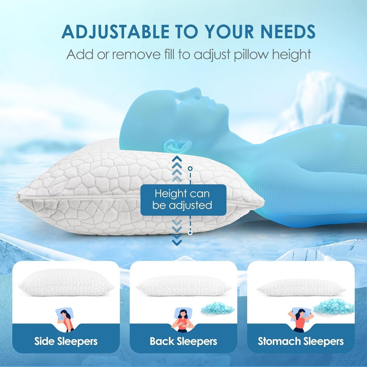 Fluffy Shredded Cooling Bed Pillows Queen Size Set of 2, Shredded Memory Foam Pillows for Sleeping 2 Pack, Adjustable Soft Firm Pillo... - Decorative Throw Pillow Cushion for Sofa & Bed Detail