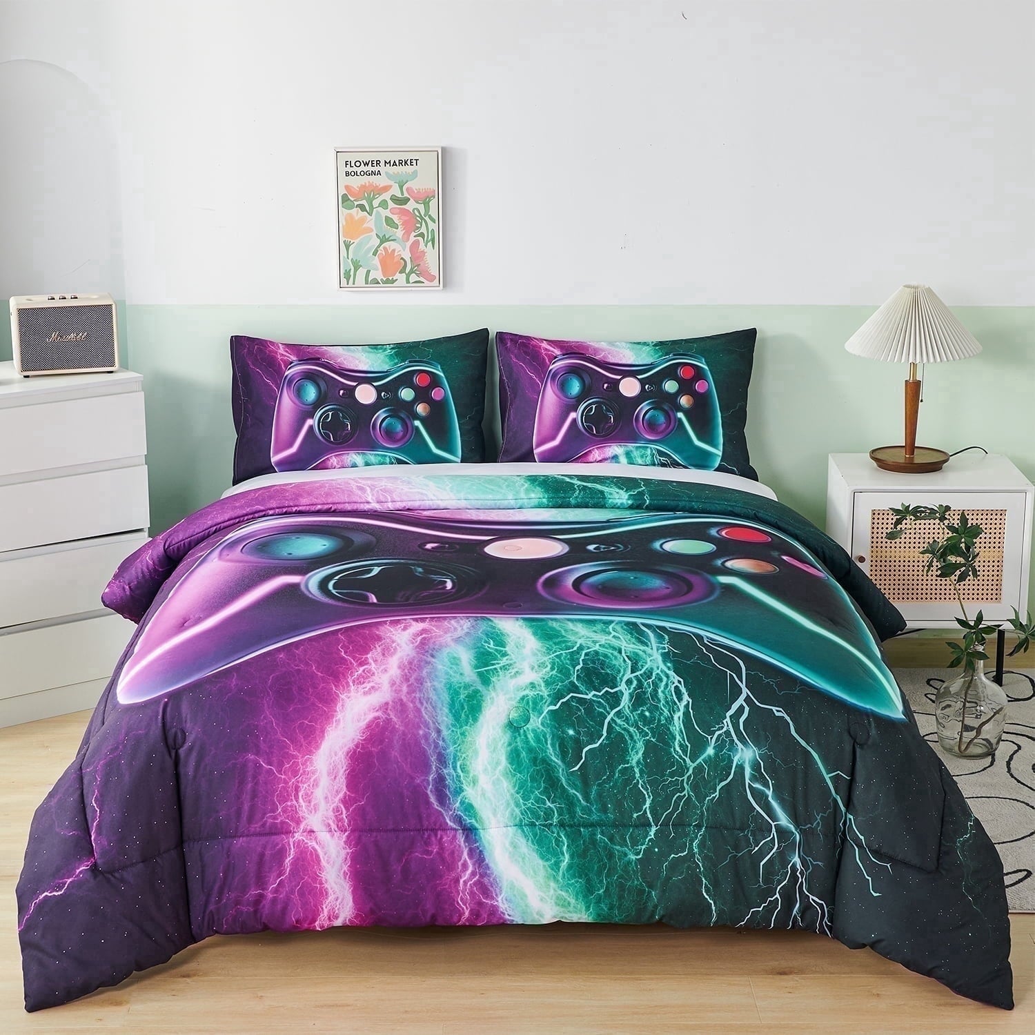 All-Season Queen Size Gaming Comforter Set for Boys,3-Piece 3D Green Purple Lightning Game Controller Bedding Set for Kids Teens - Luxurious Quilted Duvet Cover Set Detail