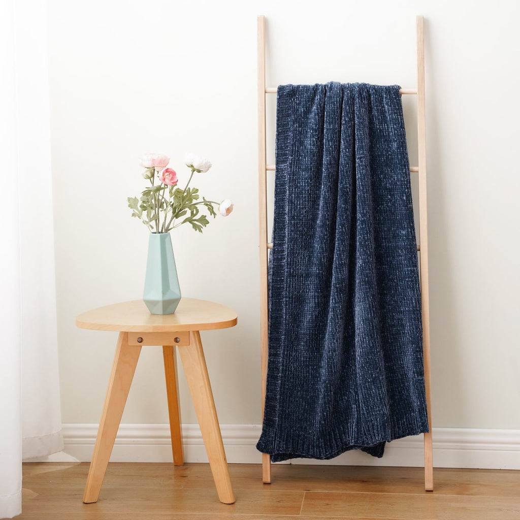Decorative Knitted Navy Blue Chenille Throw for Couch Bed,Soft Navy Knit Blanket, Housewarming Gifts, 51"x 67" - Cozy Fleece Throw Blanket for Couch & Bed Detail