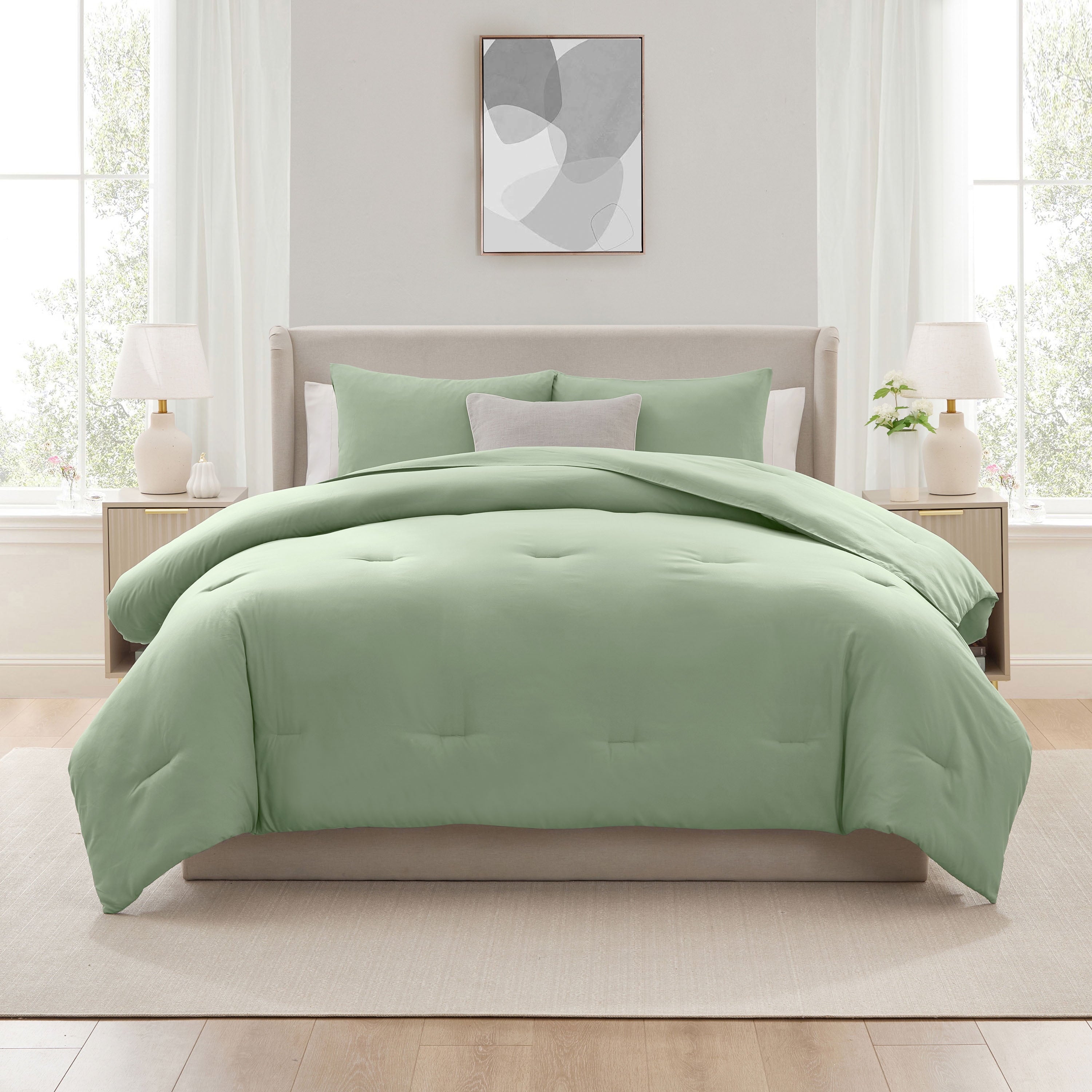 All-Season Comforter Sets, All Season Lightweight Solid Queen Comforter Set, 3-Pc Bedding Sets, Sage Green - Cloud-Like Soft Lightweight Bed Comforter Detail