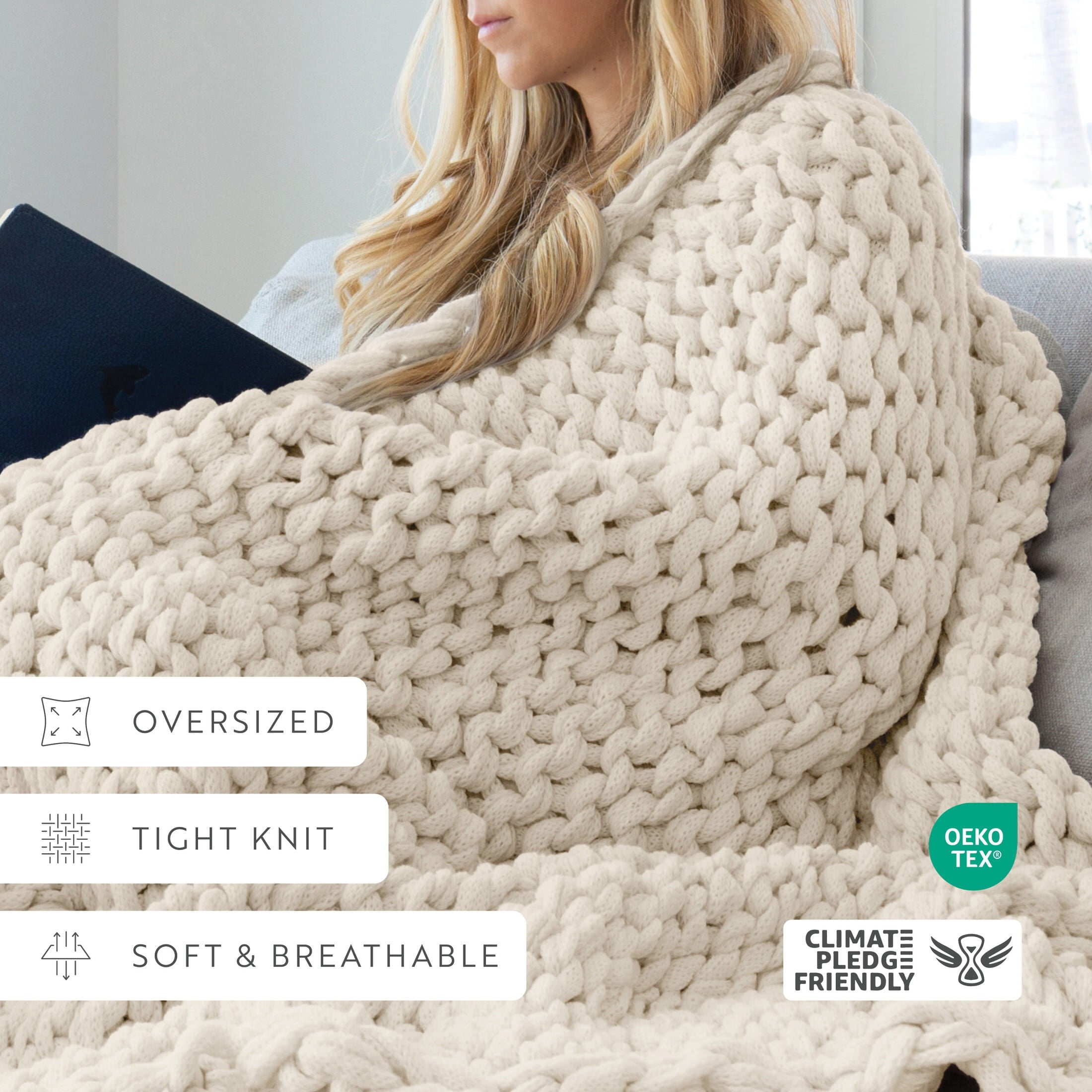 Reversible Sherpa Soft & Cozy Chunky Hand-Knit Throw Blanket, Ivory - Super Soft Reversible Sherpa Flannel Blanket Detail