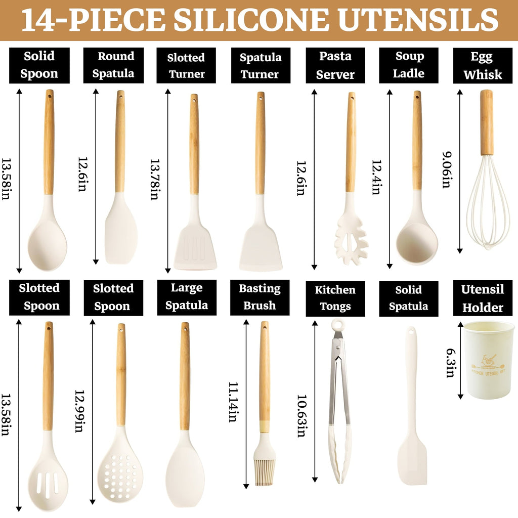 Heat-Resistant 14-Piece Silicone Cooking Utensils Set, Non-Stick Kitchen Utensil Set for Baking, Flipping, Mixing, White - Premium Stainless Steel Cooking Utensil for Non-Stick Pots Detail