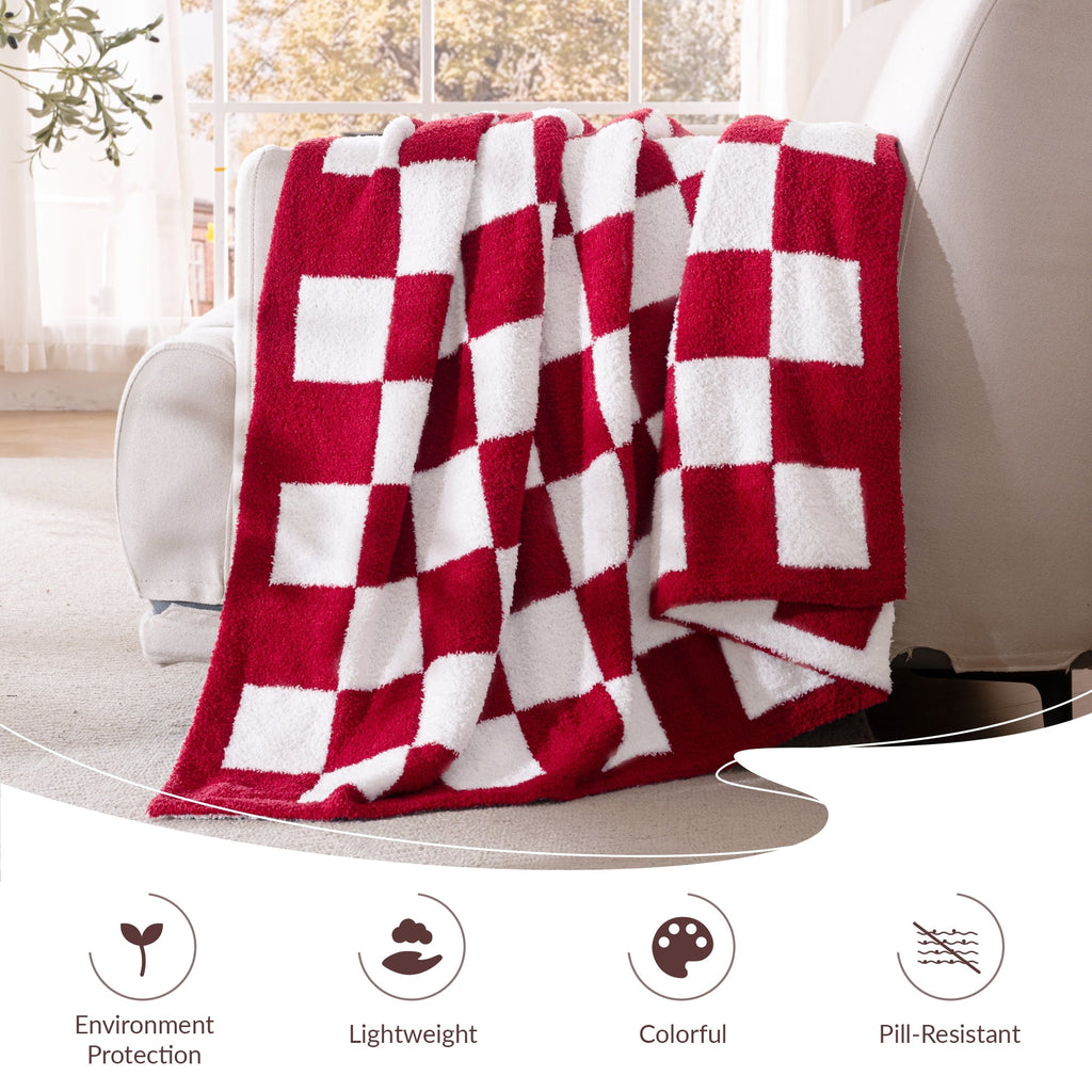 Cozy Fleece Checkered Knit Throw Blanket, Ultra Soft Cozy Fluffy Checkerboard Blankets, Lightweight Fuzzy Plush Throw for Couch a... - Luxury Knitted Decorative Throw Blanket with Fringes Detail