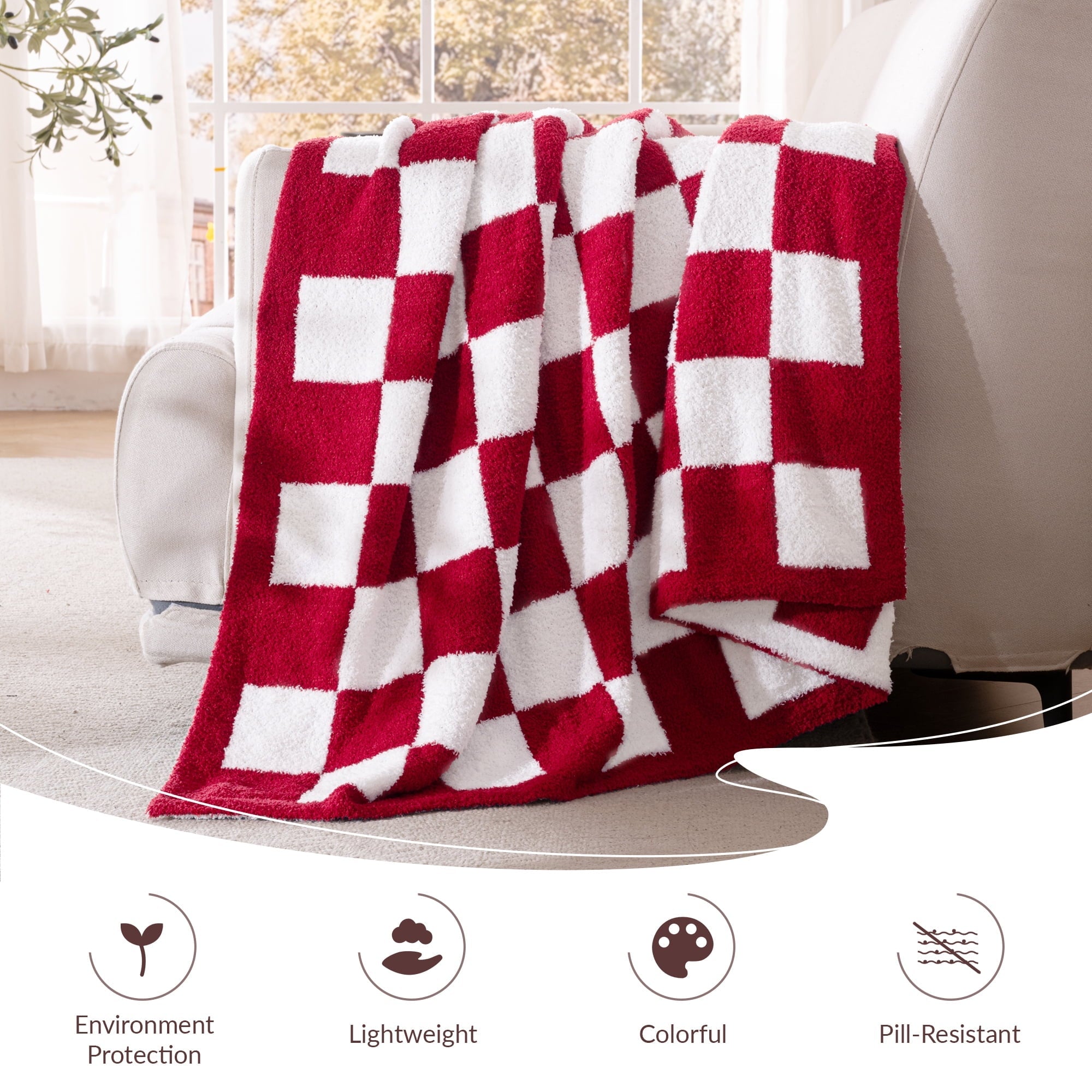 Cozy Fleece Checkered Knit Throw Blanket, Ultra Soft Cozy Fluffy Checkerboard Blankets, Lightweight Fuzzy Plush Throw for Couch a... - Luxury Knitted Decorative Throw Blanket with Fringes Detail