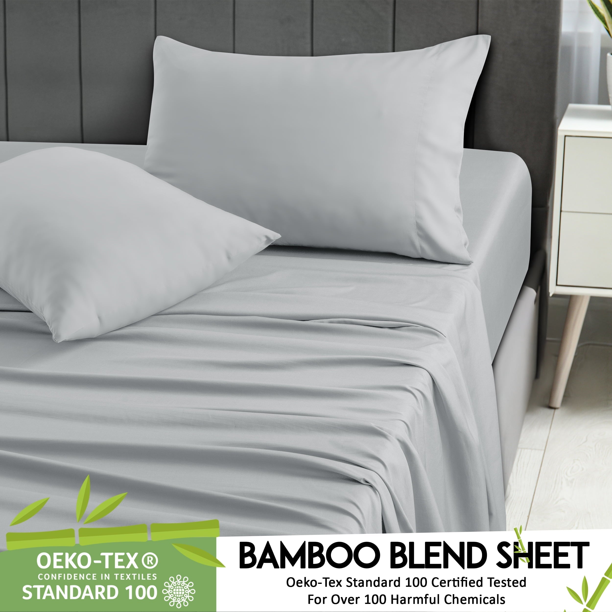 Cooling Sateen Rayon - 4 Piece Cooling Bed Sheets Set, Gray - Breathable Egyptian Cotton Flat & Fitted Sheets Detail