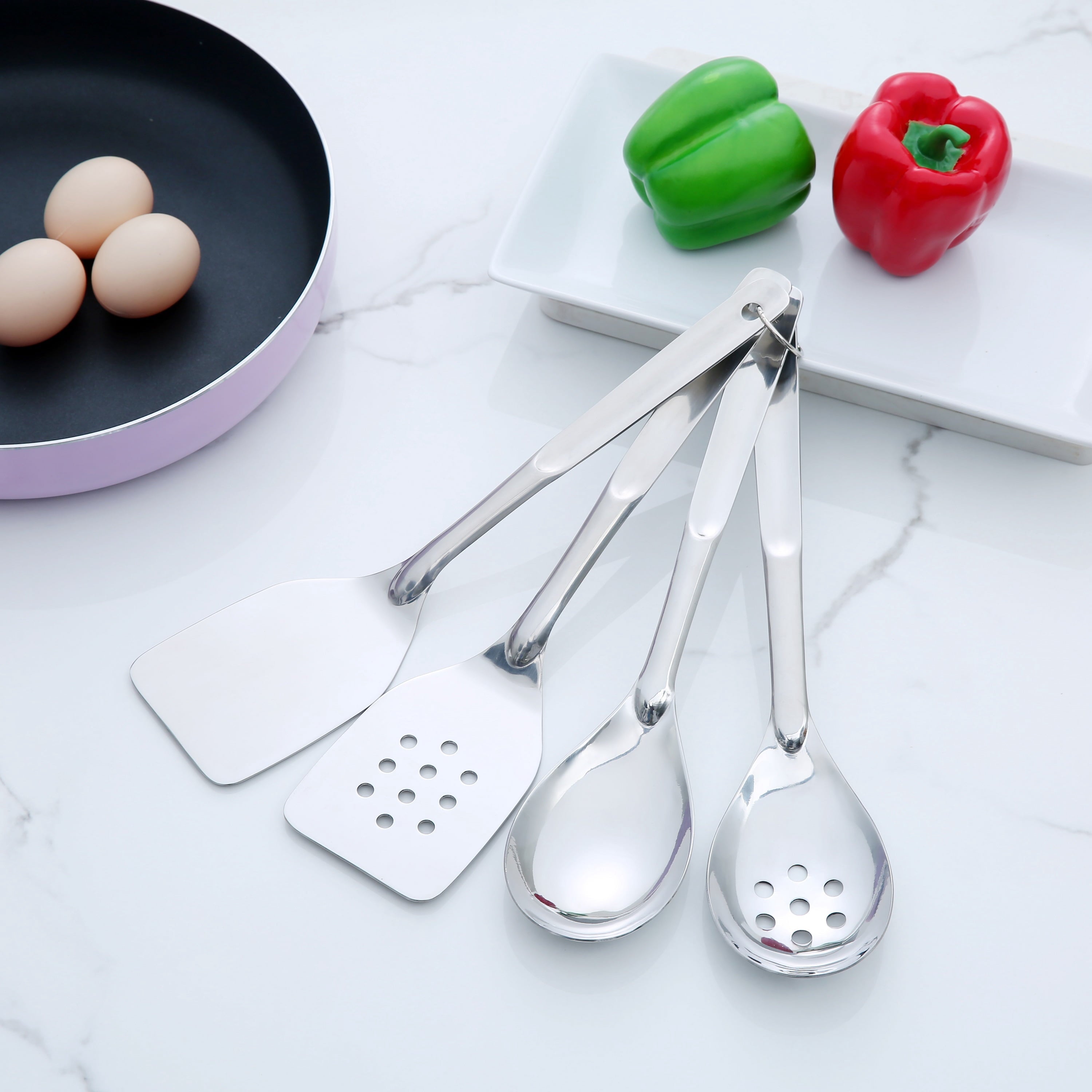 Professional Grade Stainless Steel 4-Piece Utensil Set: Includes Spatula, Slotted Spatula, Spoon, and Slotted Spoon - Multi-Purpose Hand Tool for Daily Meal Prep Detail