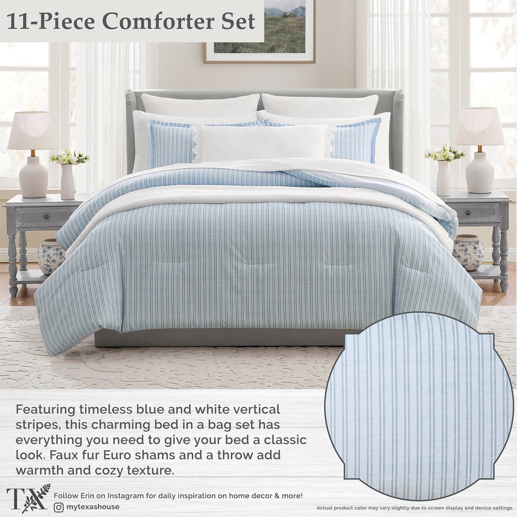 Luxurious Quilted Stripe 11-Piece Comforter Set with Sheets, Blue, Queen - Luxurious Quilted Duvet Cover Set Detail