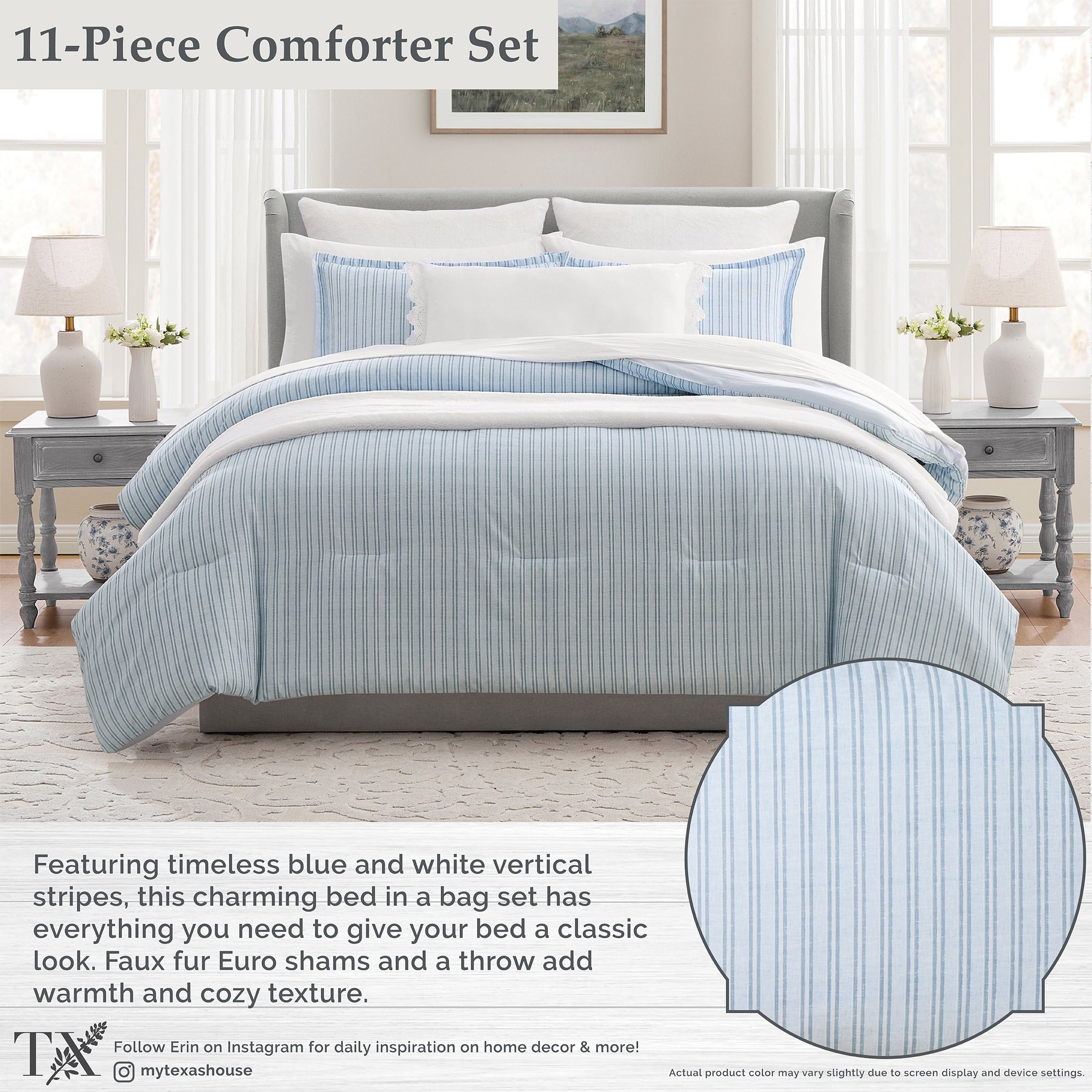 Luxurious Quilted Stripe 11-Piece Comforter Set with Sheets, Blue, Queen - Luxurious Quilted Duvet Cover Set Detail