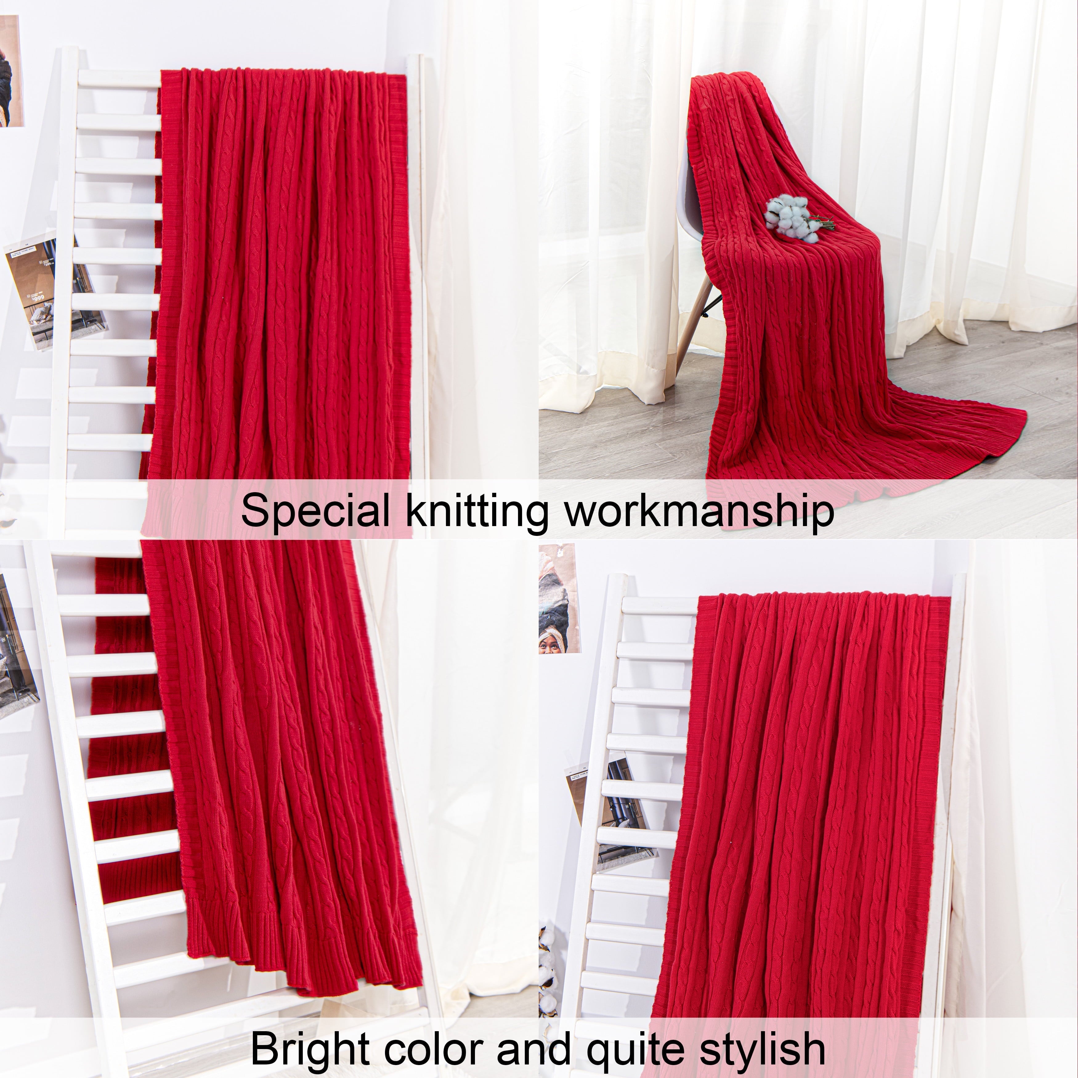 Cozy Fleece 100% Cotton Cable Knit Throw, Super Soft Warm Knitted Blanket Home Decor, 51"x67", Red - Super Soft Reversible Sherpa Flannel Blanket Detail
