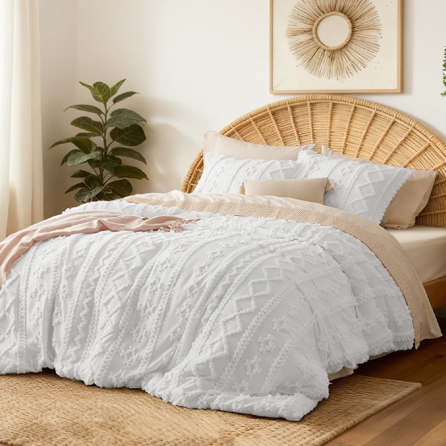 Hypoallergenic Cloud Tufted Boho Comforter Set, 2 Pieces Farmhouse Shabby Chic Embroidery Bed Set, Soft Jacquard Comforter for All Seasons... - Luxurious Quilted Duvet Cover Set Detail