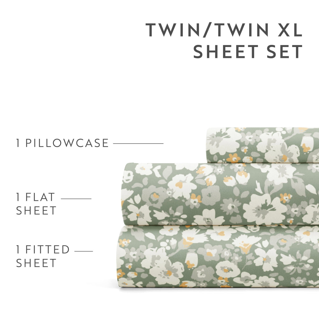 Breathable Luxury 4 Piece Pattern Microfiber Bed Sheets Set, Floral Dream Eucalyptus, Twin - Premium Ultra-Soft Pillowcase Pair for Sleeping Detail