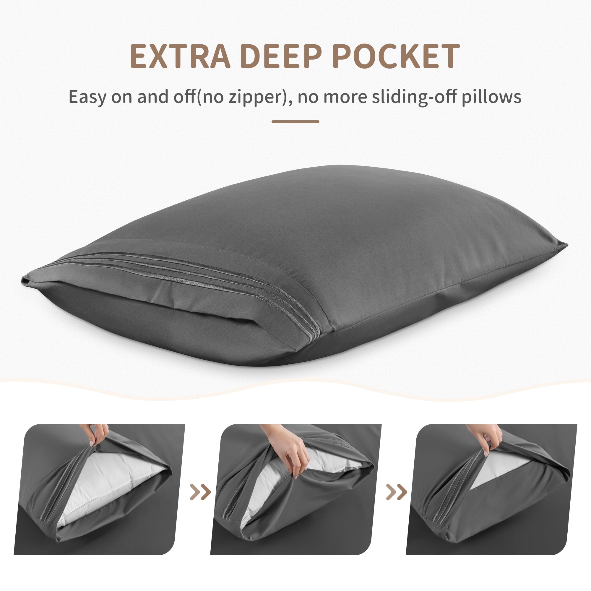 Breathable Luxury 6 Pieces Bed Sheet Set, 1800 Series Soft Microfiber Queen Sheets with 16" Deep Pocket, Dark Gray - Premium Ultra-Soft Pillowcase Pair for Sleeping Detail