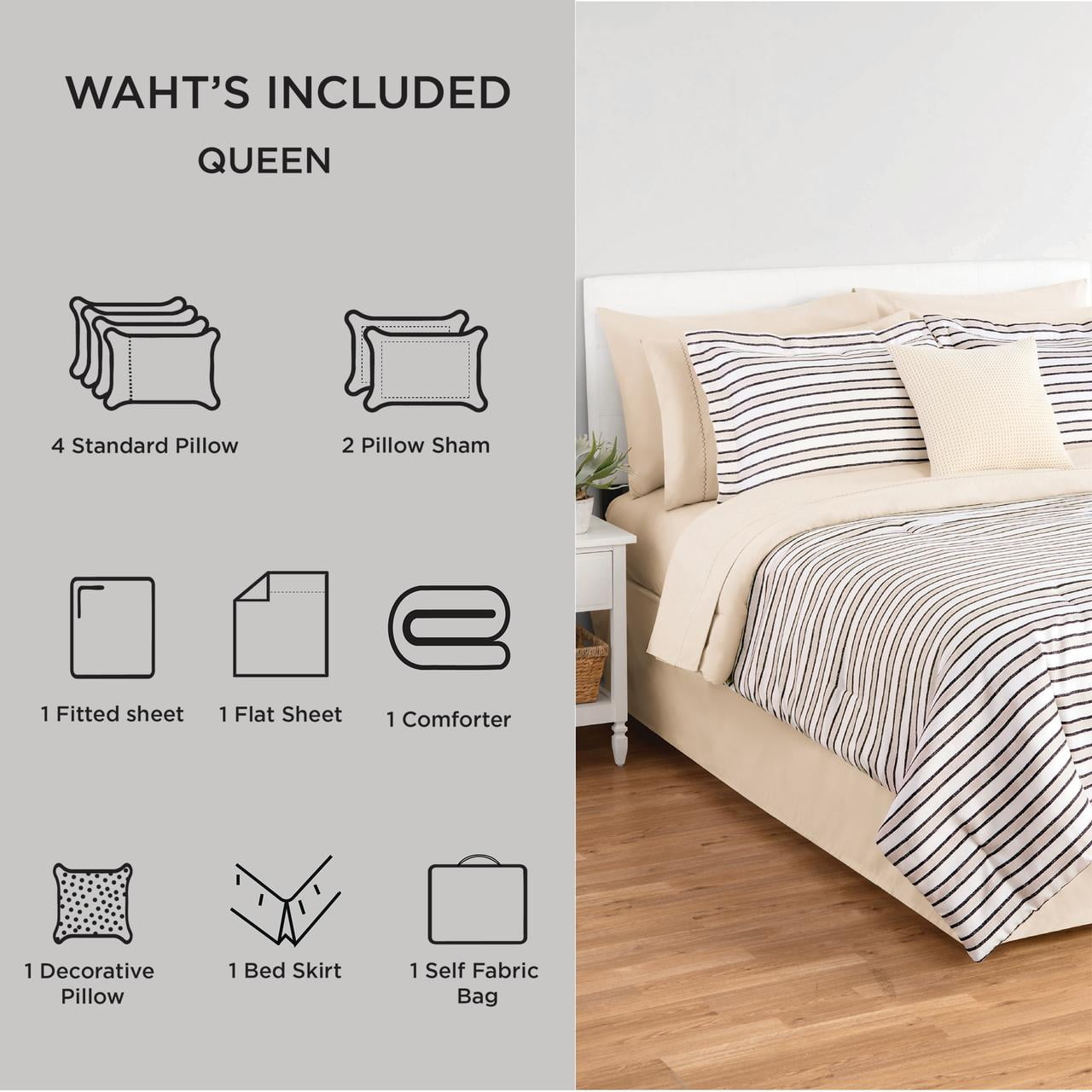 Fluffy Down Alternative Soft Touch Bed in a Bag 11-Piece Reversible Tan & Black Striped Comforter Set with Sheets, Queen - Cloud-Like Soft Lightweight Bed Comforter Detail