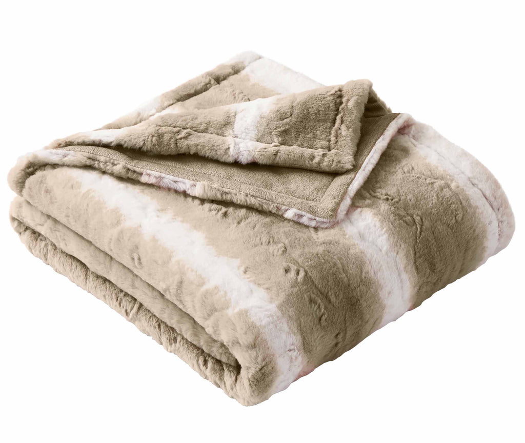 Cozy Fleece Almond Biscuit Ombre Faux Fur Throw, 50"x72" - Luxury Knitted Decorative Throw Blanket with Fringes Detail