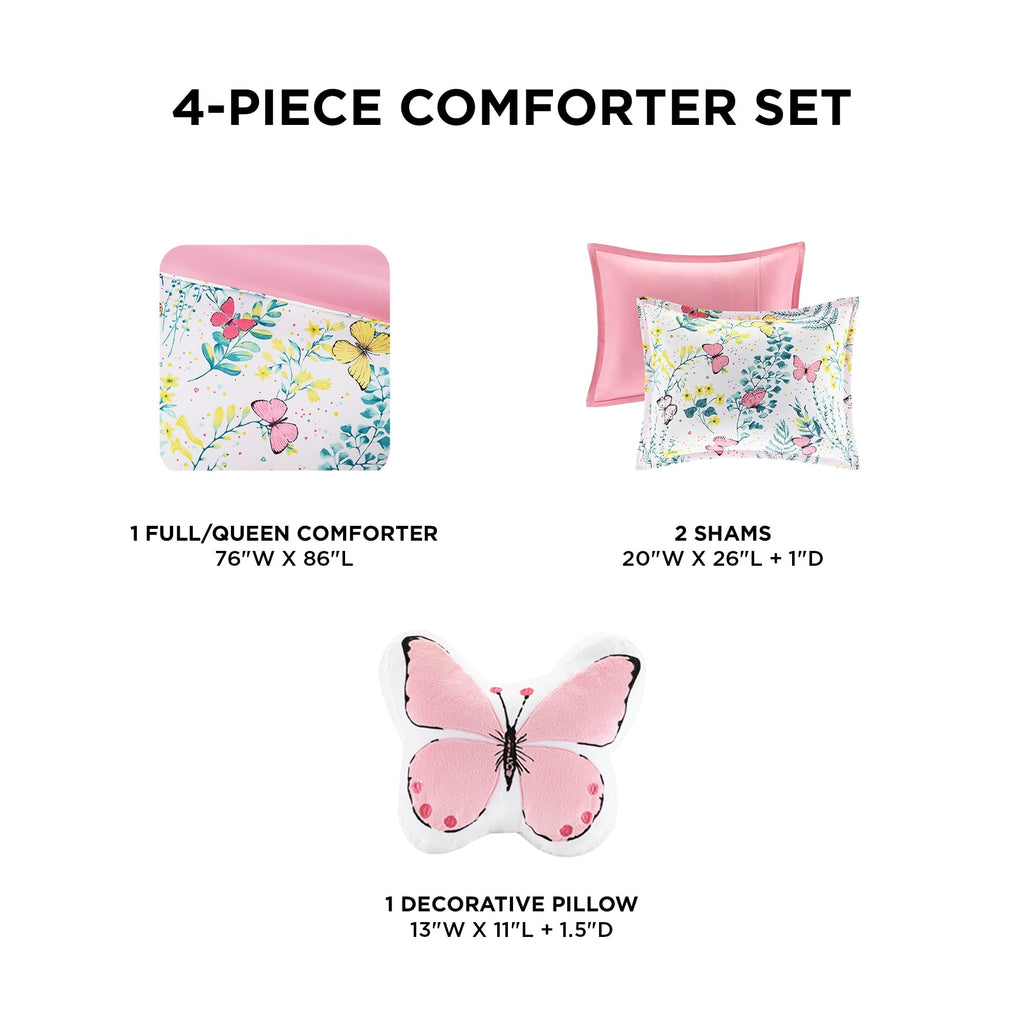 All-Season Full/Queen Size Comforter Sets, 4-Piece Kids Bedding Set for Girls, Butterfly Floral Comforter Bed Set, White/Pink - Luxurious Quilted Duvet Cover Set Detail
