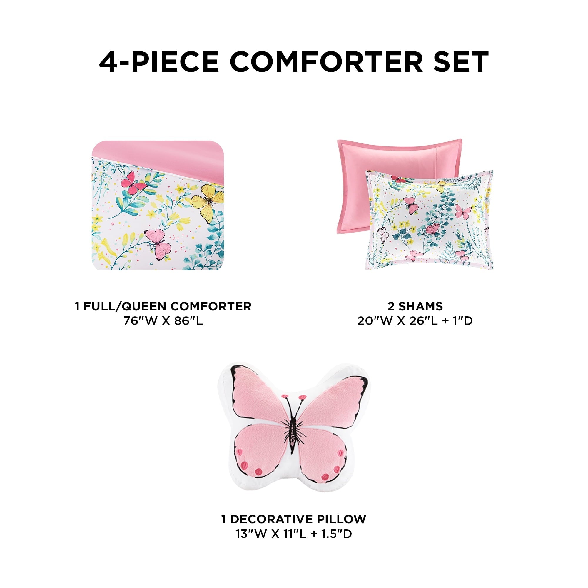All-Season Full/Queen Size Comforter Sets, 4-Piece Kids Bedding Set for Girls, Butterfly Floral Comforter Bed Set, White/Pink - Luxurious Quilted Duvet Cover Set Detail