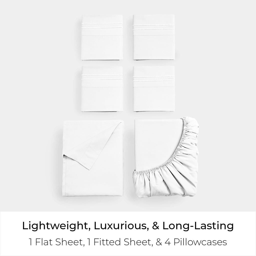 Wrinkle-Resistant Iconic 6 Piece Bed Sheet Set Brushed Microfiber, Deep Pocket, Queen, White - Luxury Bed Sheet Set with Deep Pockets Detail