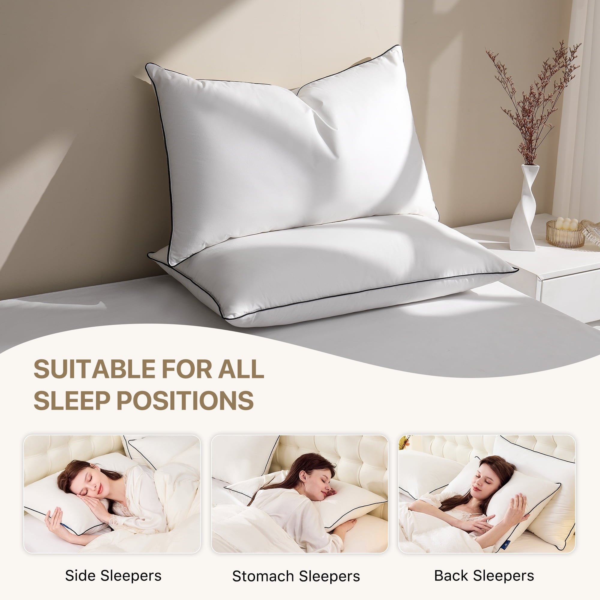 Orthopedic Support Feather Down Pillows Set of 2, Medium Firm Hotel Bed Pillow 2 Pack, Queen Size, 20 x 30 in. - Ergonomic Memory Foam Pillow for Neck Pain Support Detail