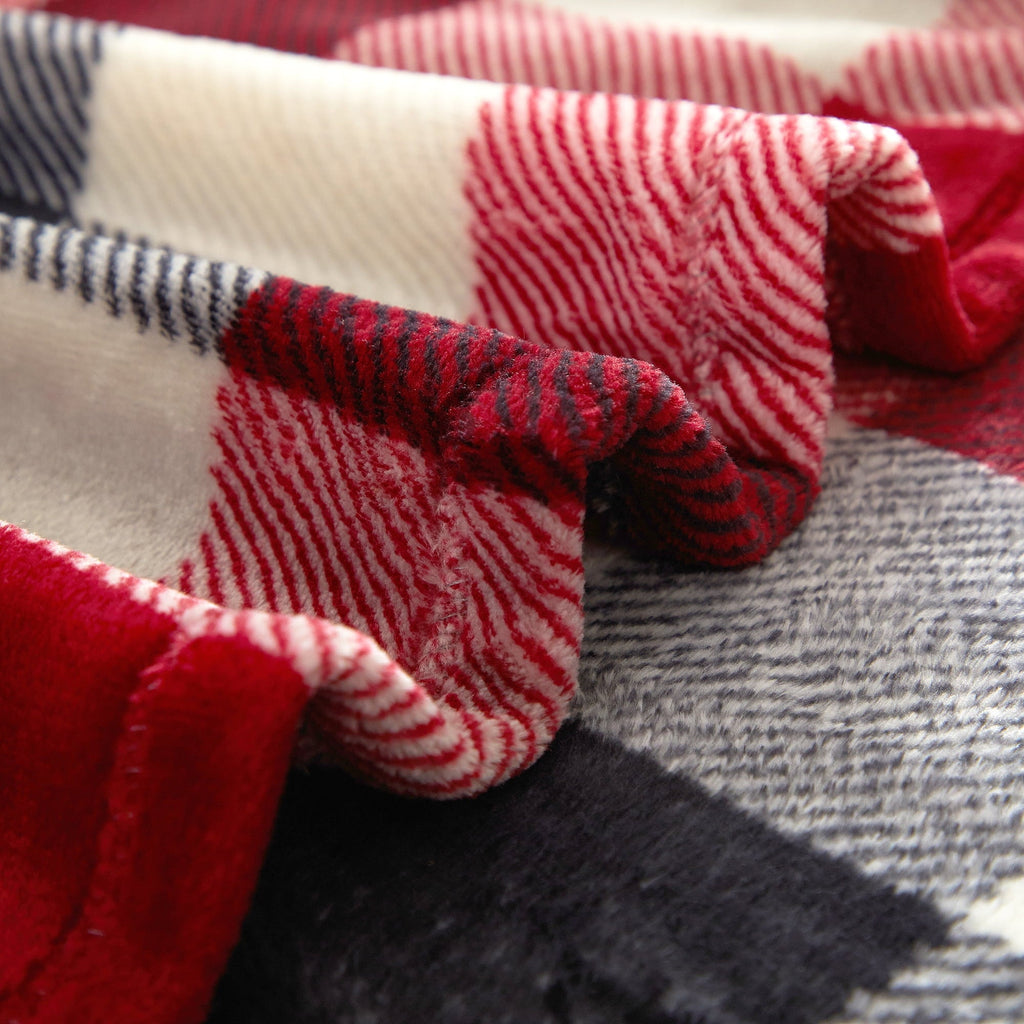 Reversible Sherpa Cozy Plush Throw Blanket, Red Plaid 50" x 60" All Ages - Super Soft Reversible Sherpa Flannel Blanket Detail