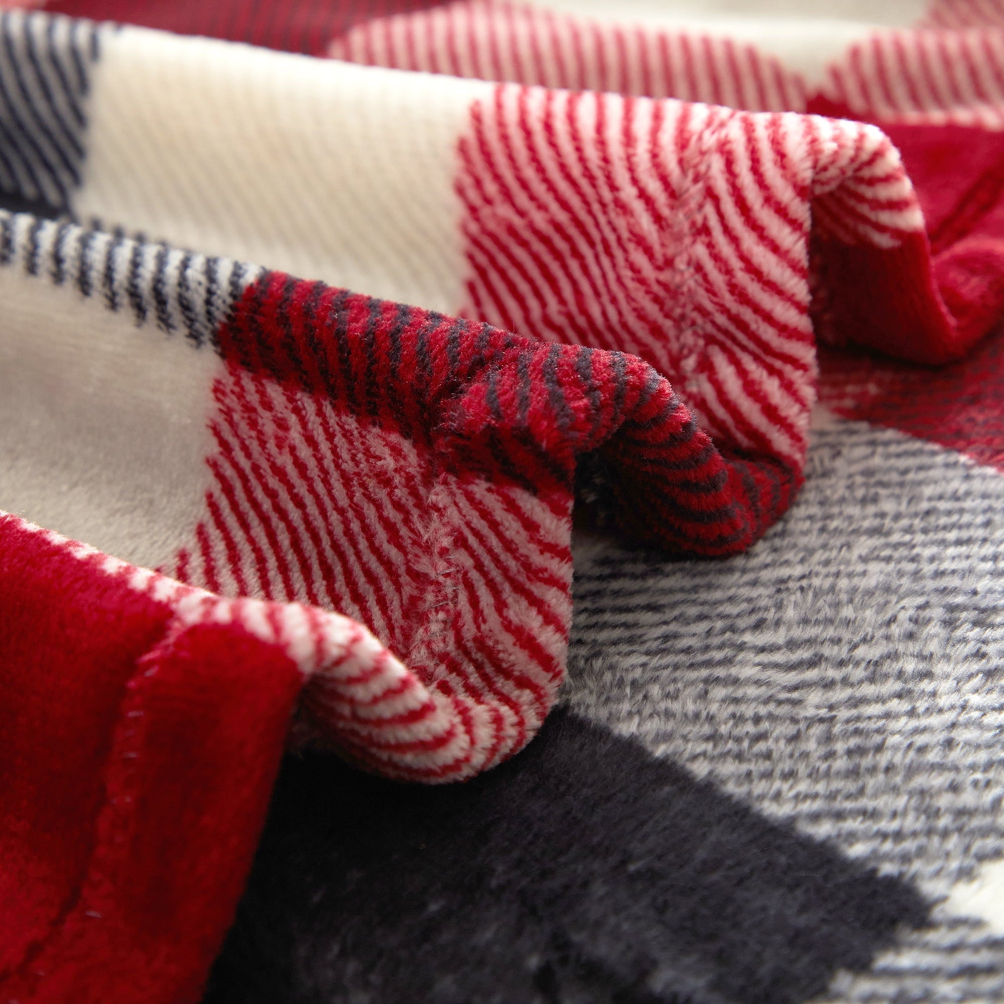 Reversible Sherpa Cozy Plush Throw Blanket, Red Plaid 50" x 60" All Ages - Super Soft Reversible Sherpa Flannel Blanket Detail