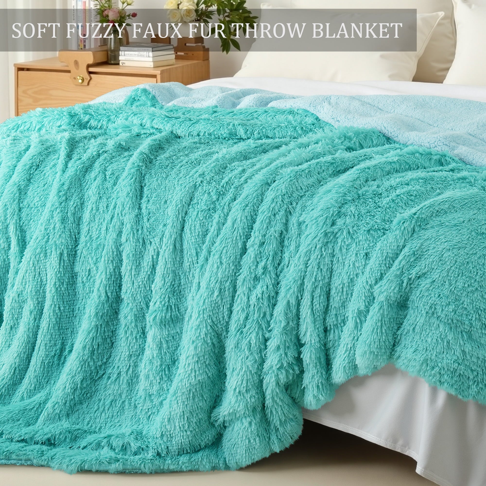 Decorative Knitted Fuzzy Faux Fur Throw Blanket, Reversible Shaggy Sherpa Fleece Blankets,Fluffy Plush Warm Throws for Couch, Bed, 50x60... - Cozy Fleece Throw Blanket for Couch & Bed Detail