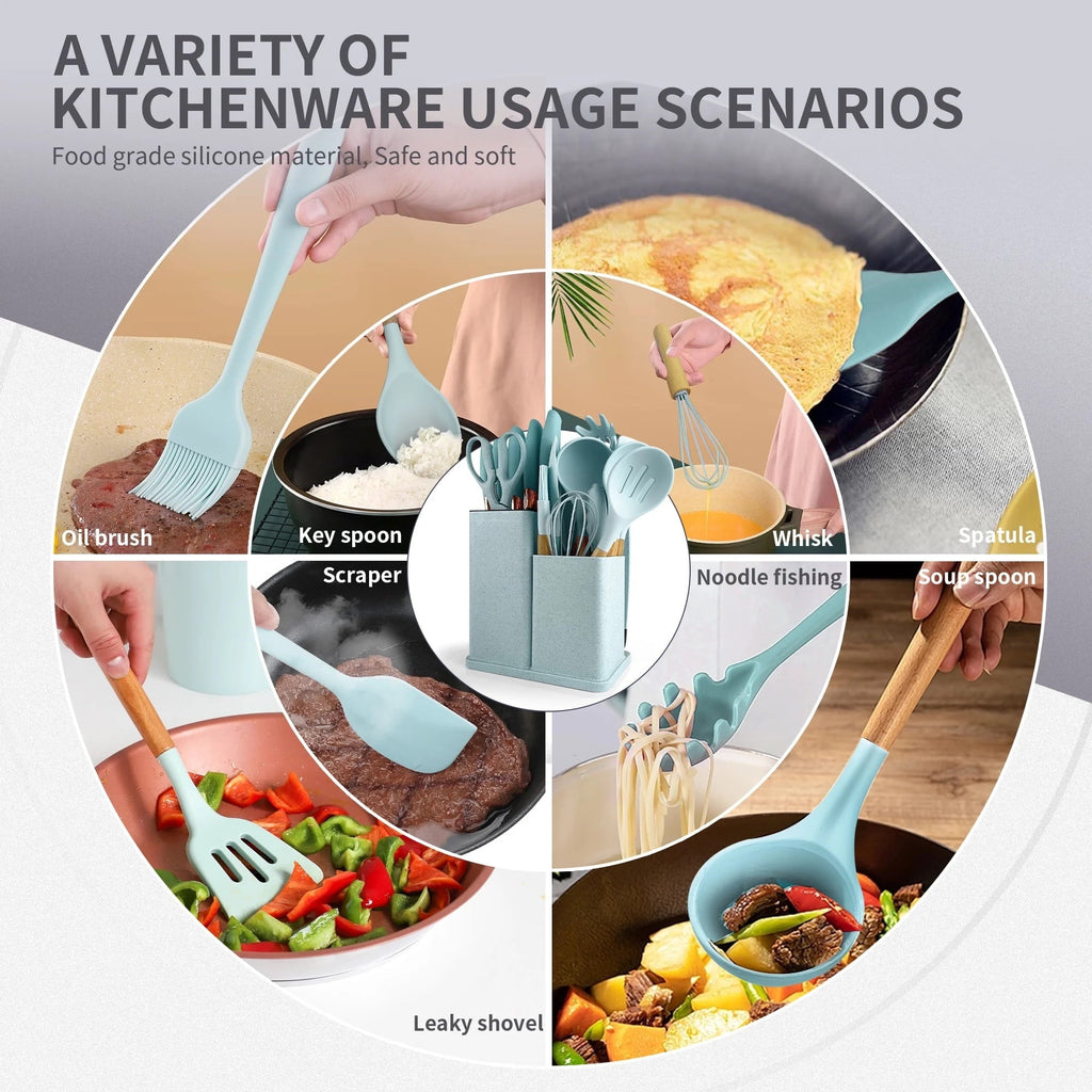 Non-Stick Safe Silicone Kitchen Cooking Utensils Set, 19 Pieces Utensil with Holder, Heat Resistant, Green - Ergonomic Kitchen Tongs and Cooking Spoon Utensil Detail