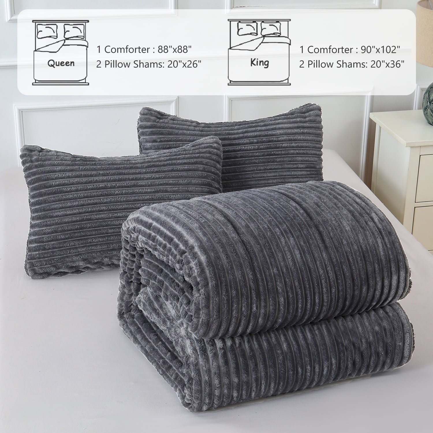 Hypoallergenic Cloud 3 Piece Fleece Queen Comforter Set - Soft & Warm Fluffy Dark Gray Sherpa Bedding , Fuzzy Heavy Double Sided Design Wi... - Hypoallergenic Ultra-Fluffy Quilt for Winter Detail