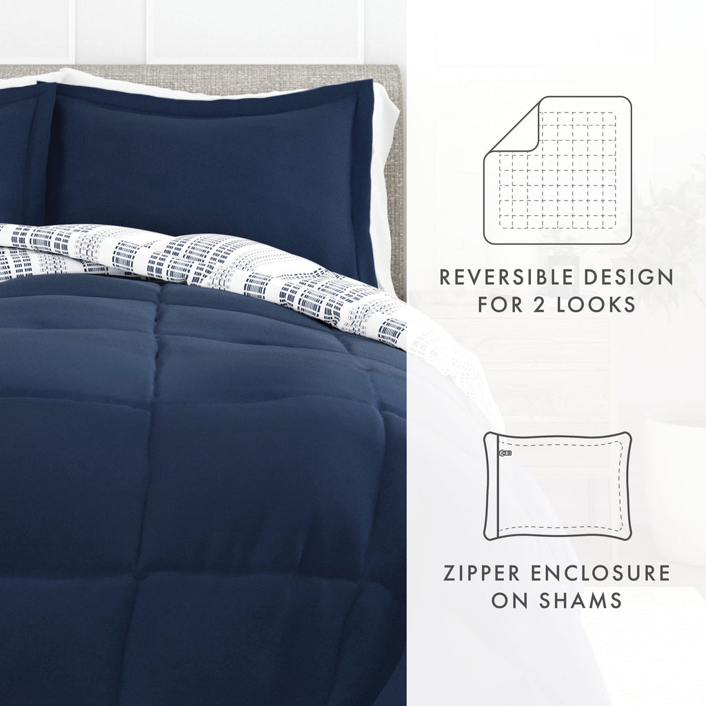 Fluffy Down Alternative 2-Piece Navy Farmhouse Dreams ReversiblePrint Comforter Set, Twin/TwinXL - Luxurious Quilted Duvet Cover Set Detail