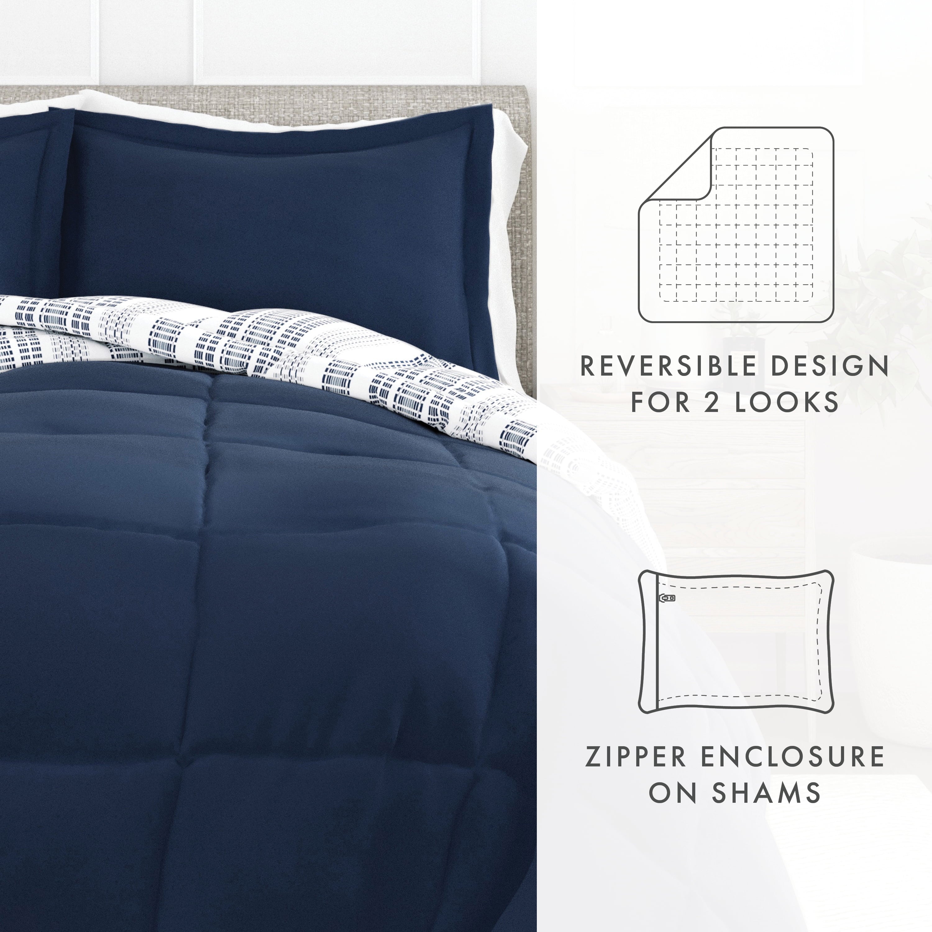 Fluffy Down Alternative 2-Piece Navy Farmhouse Dreams ReversiblePrint Comforter Set, Twin/TwinXL - Luxurious Quilted Duvet Cover Set Detail