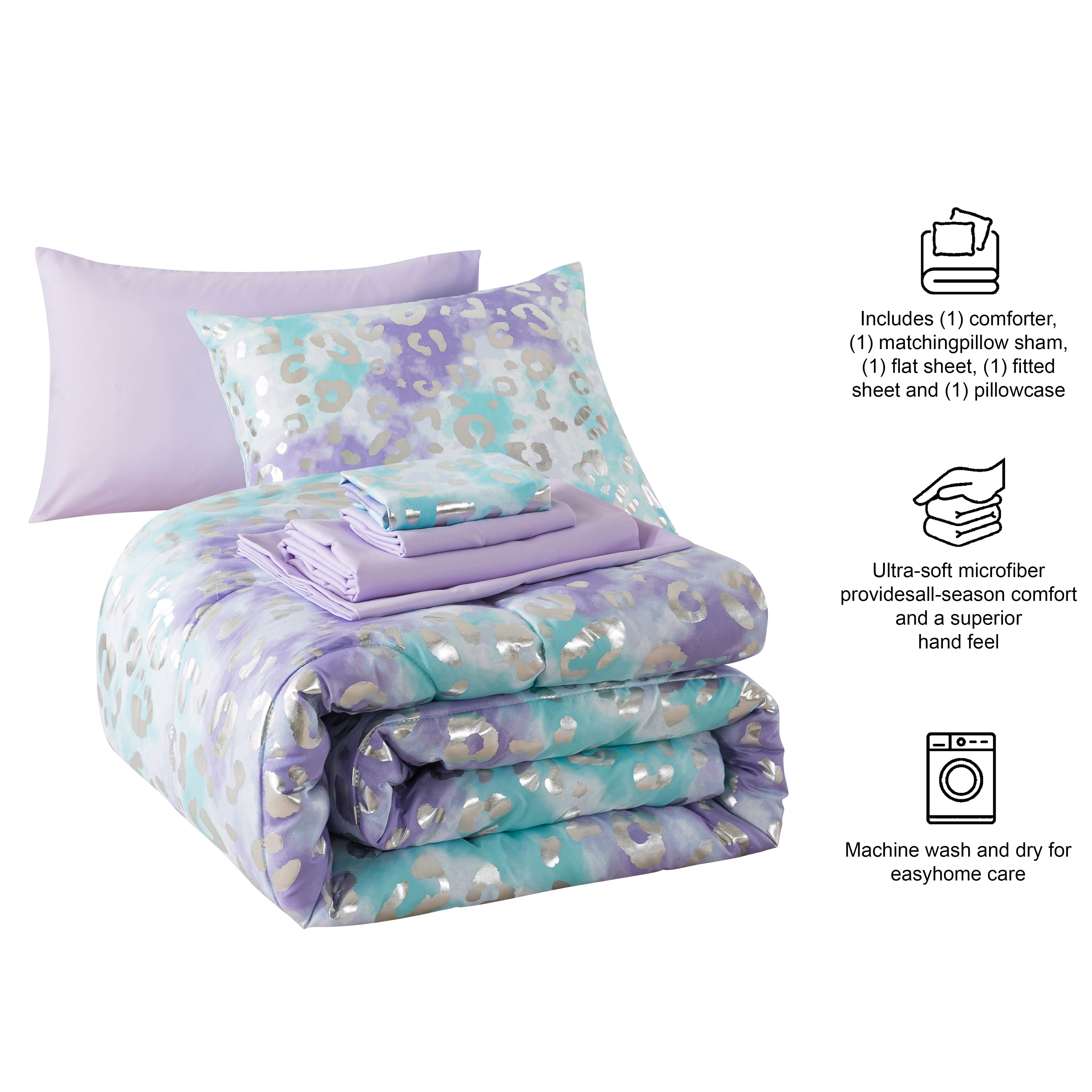 Fluffy Down Alternative 5-Piece Purple Metallic Foil Cheetah Bedding Set for Kids with Storage Bag, Twin - All-Season Down Alternative Comforter Insert Detail